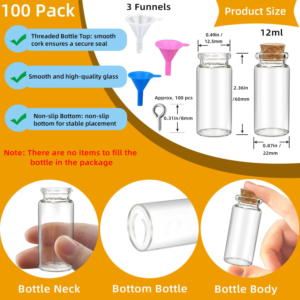 100Pcs 12ml Mini Glass Bottles with Cork Stoppers - Small Clear Vials for DIY Crafts, Wedding Favors, Halloween Decor, Wishing Spell Jars, Includes Funnel-(22 * 60 mm)