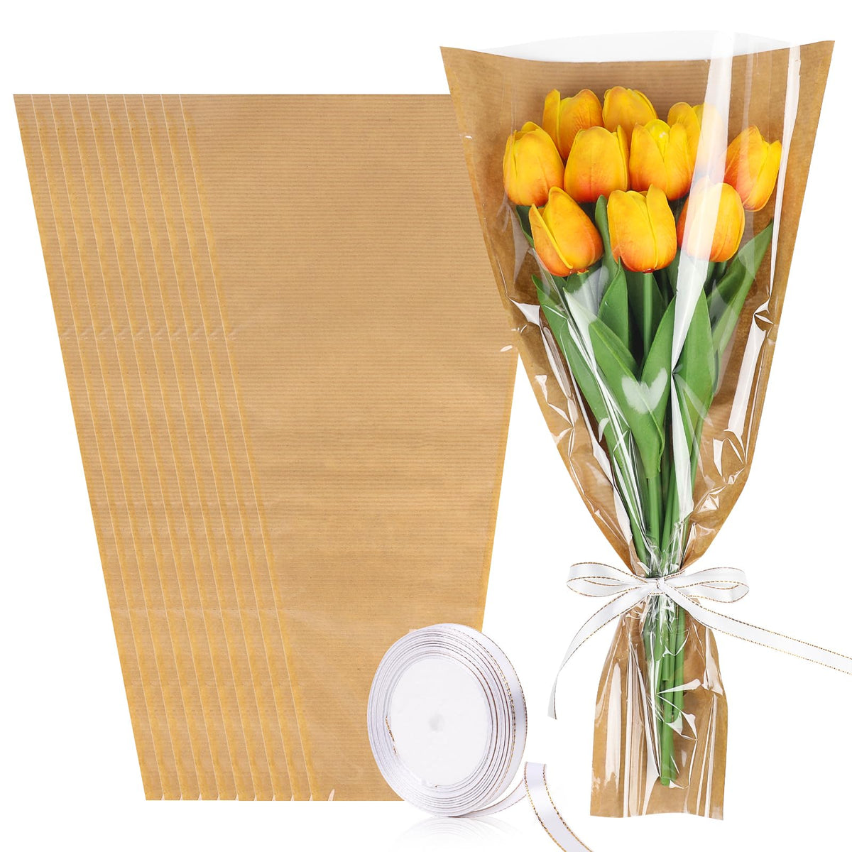 DIYASY 50 Pcs Flower Wrapping Bags for Bouquets, Kraft Paper Floral Packing Sleeves with Ribbons Florist Wrap Supplies for Wedding Mother's Day Graduation Gift 9.8x3.9x17.9 Inch