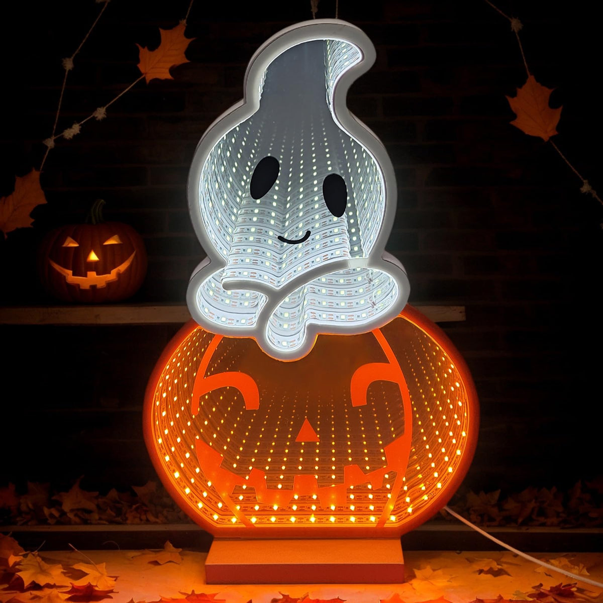 DUOMY DÉCOR LED Halloween Pumpkin Light, Cute Neon Pumpkin and Ghost Sign Decor,11.57 Inch Halloween 3D Infinity Lights with USB Powered for Table, Room, Party Decoration