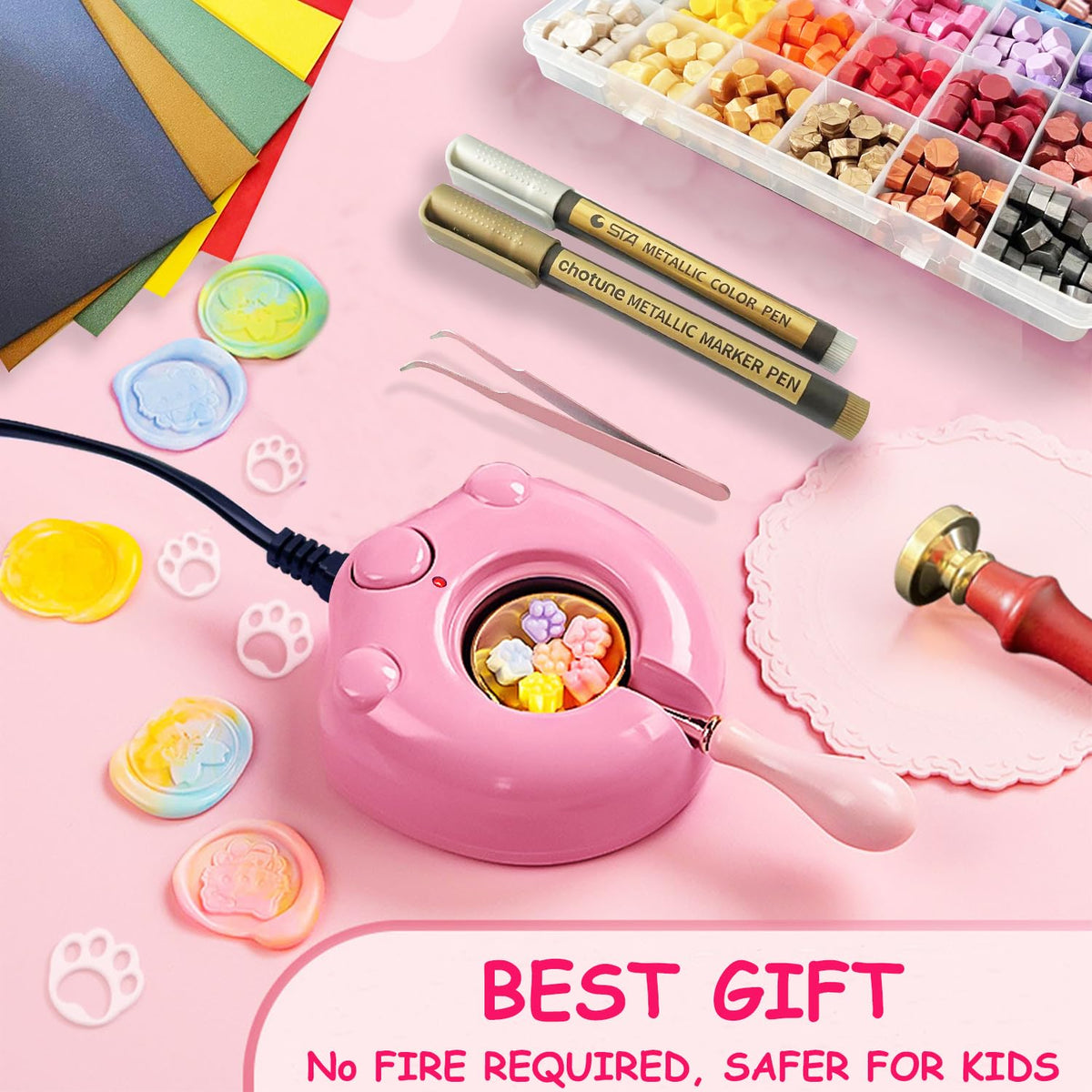 MONVICT 732 Pcs Wax Seal Stamp Kit with Pink Gift Box, Electric Wax Seal Warmer, Sealing Beads, Stamp, Spoon, Pens, Envelopes, Tweezers Gift for Kids Girls Crafter DIY