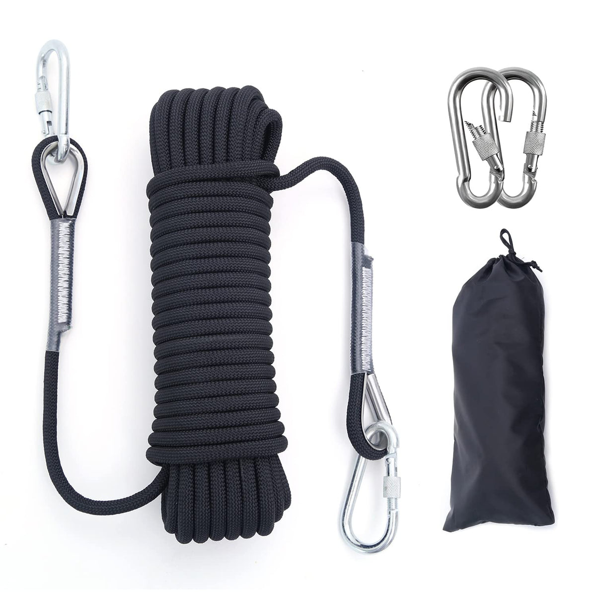 Outdoor Climbing Rope 12MM Diameter 10M(32ft) 20M(64ft) Static Rock Climbing Rope,Tree Climbing Rappelling Rope,Escape Nylon Rope,Ice Climbing Equipment Fire Rescue Parachute Rope with 2 Steel Hooks