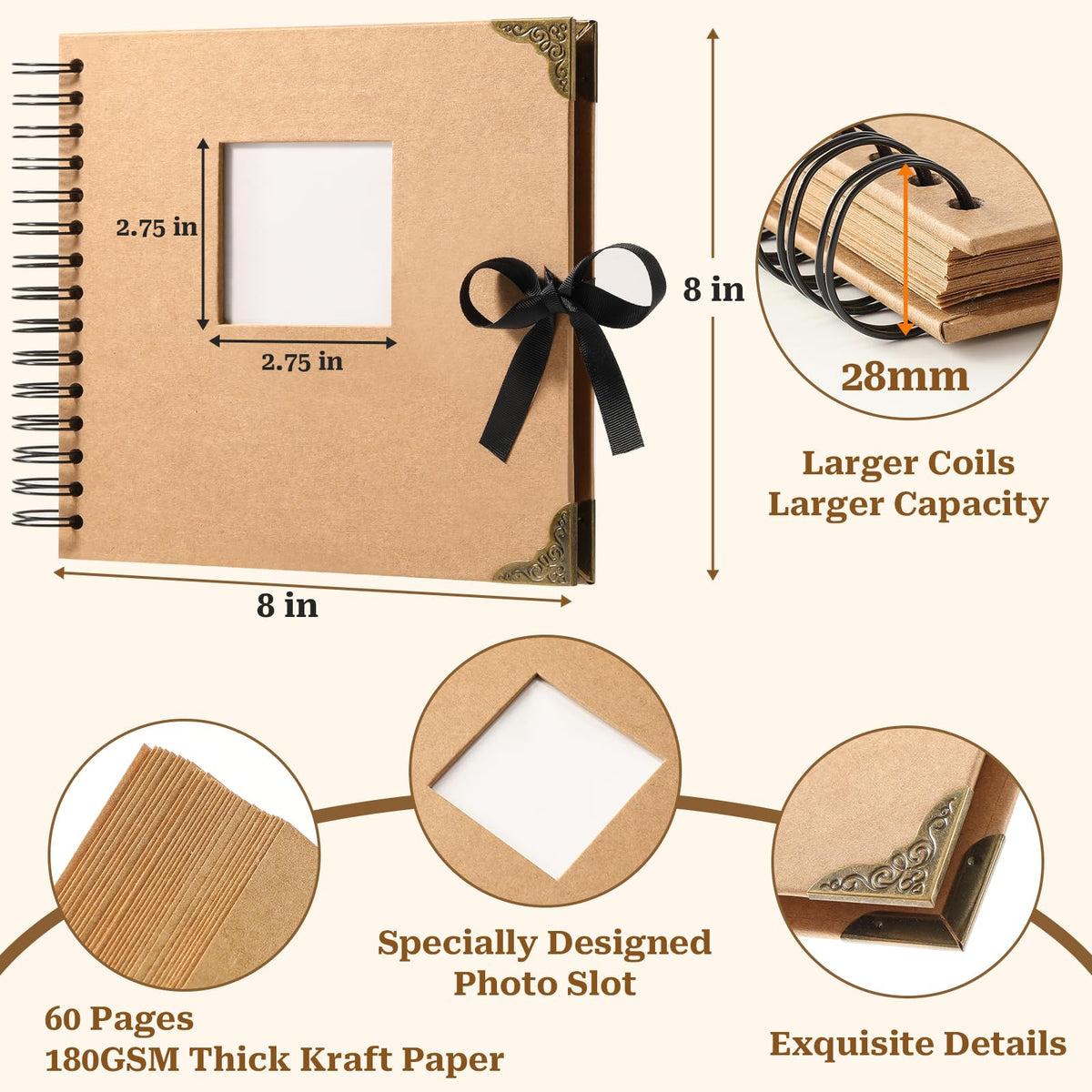 8 x 8 Inch Scrapbook Album 60 Pages with Scrapbooking DIY Kits. Window Photo Album with Scrapbook Tapes Stickers and Metallic Markers. Craft Memory Book for Wedding Baby Birthday Family Anniversary