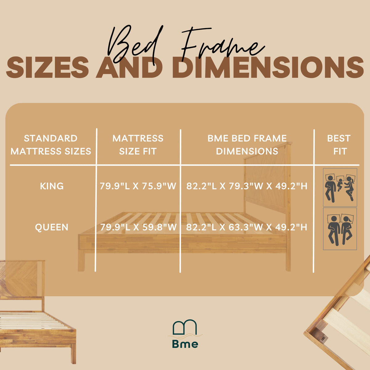 Bme Vivian 14 Inch Deluxe Bed Frame with Headboard, Rustic & Scandinavian Style with Solid Acacia Wood, No Box Spring Needed, 12 Strong Wood Slat Support, Easy Assembly, Queen, Rustic Golden Brown