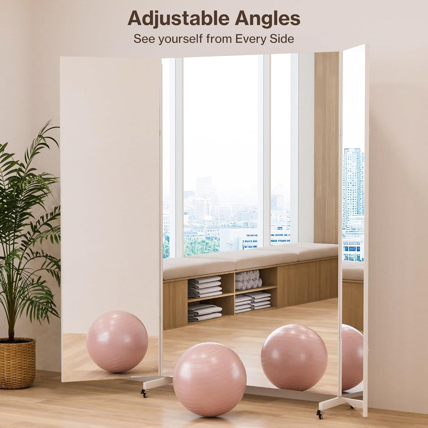 Full Length Stand Up Mirror on Wheels,63''×67'',Large Tri-Fold Floor Mirror with Stand,Movable 3-Way Full Length Standing Mirror for Gym, Dance Studio, Fitness Room, and Home (White)