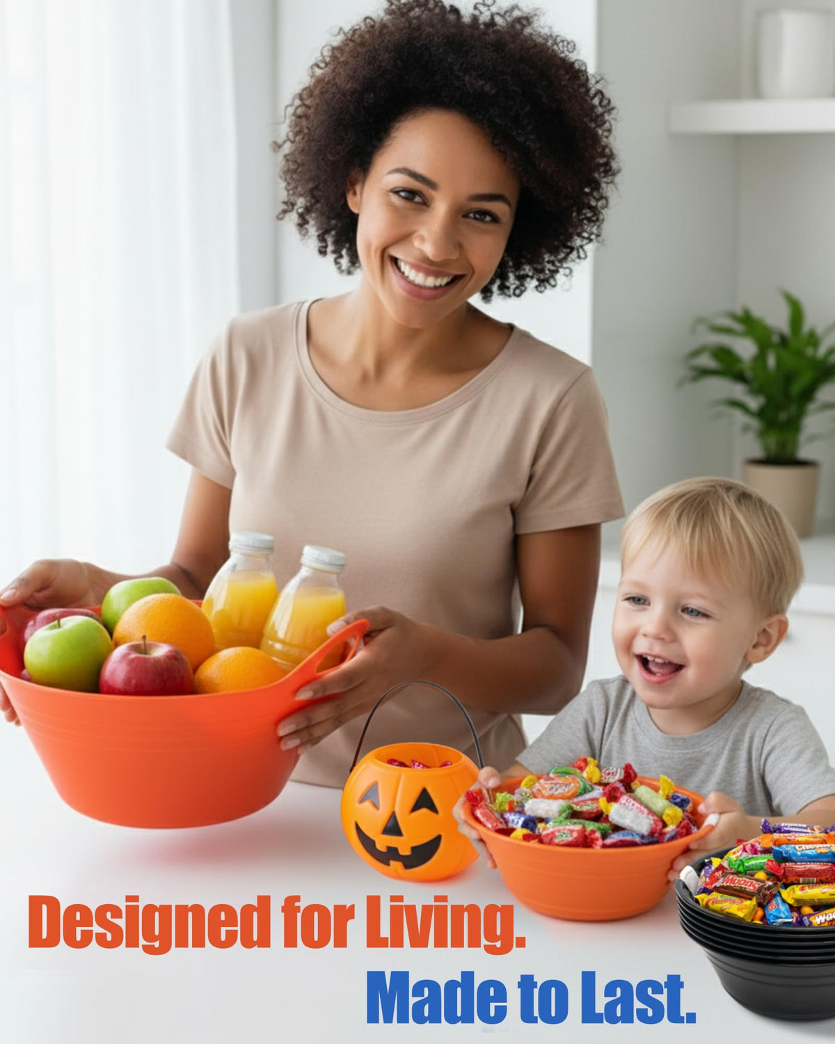 Mintra Home Plastic Bowls – Ideal for Popcorn, Cereals, Snacks, Kitchen Use & Halloween Trick or Treats Candies – Durable, Lightweight, Dishwasher Friendly, 4.5L w/Handles, Orange, 11.25W x 5H, 2 Pack