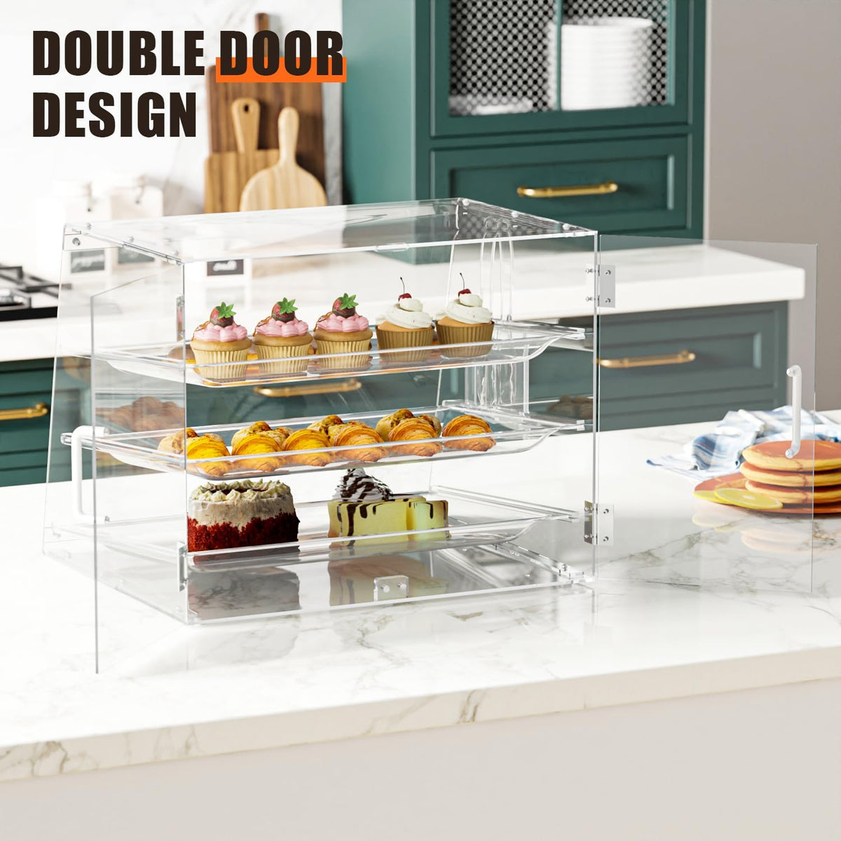 2PCS 3-Tier Commercial Countertop Bakery Display Case with Rear Doors, 20.9 x 17.3 x 16.7 inches, Clear Countertop Cabinet for Pastries and Desserts