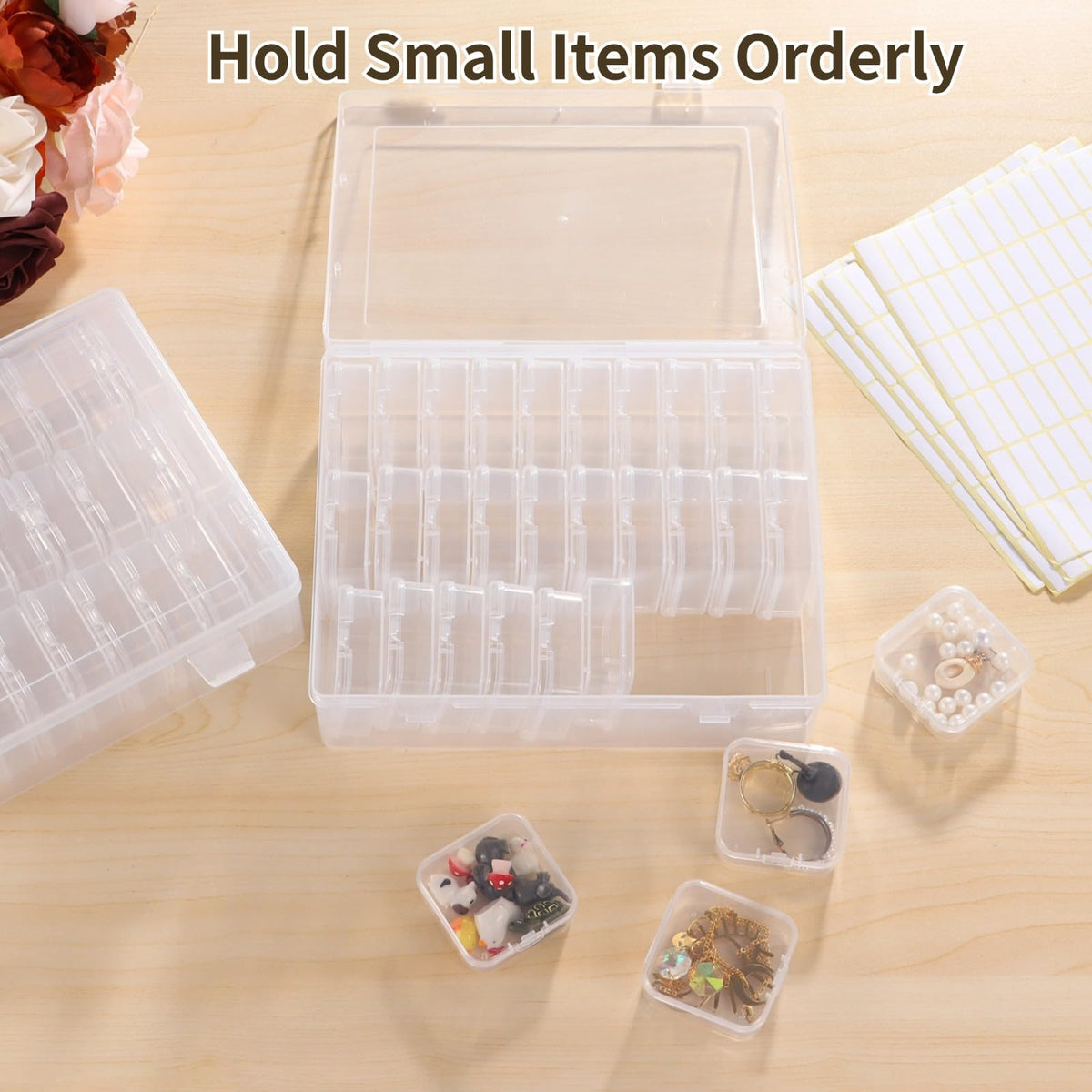 120Pcs Bead Organizer Box, Small Clear Plastic Bead Storage Containers, 4 Craft Storage Boxes with Hinged Lid, 336 Labels, Mini Box for Jewelry Making Bracelets Beading Nails Screws Seeds Small Parts