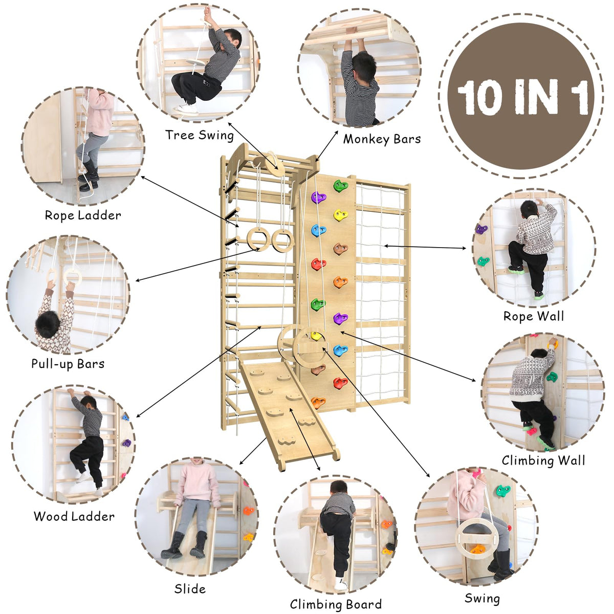Upgraded Extra-Large Size 94.5inch Height 10-in-1 Swedish Ladder Gym Set, Home Playground with Swing, Rope Ladder, Pull-Up Bar, Slide and Rock Climbing Wall for Kids and Adults