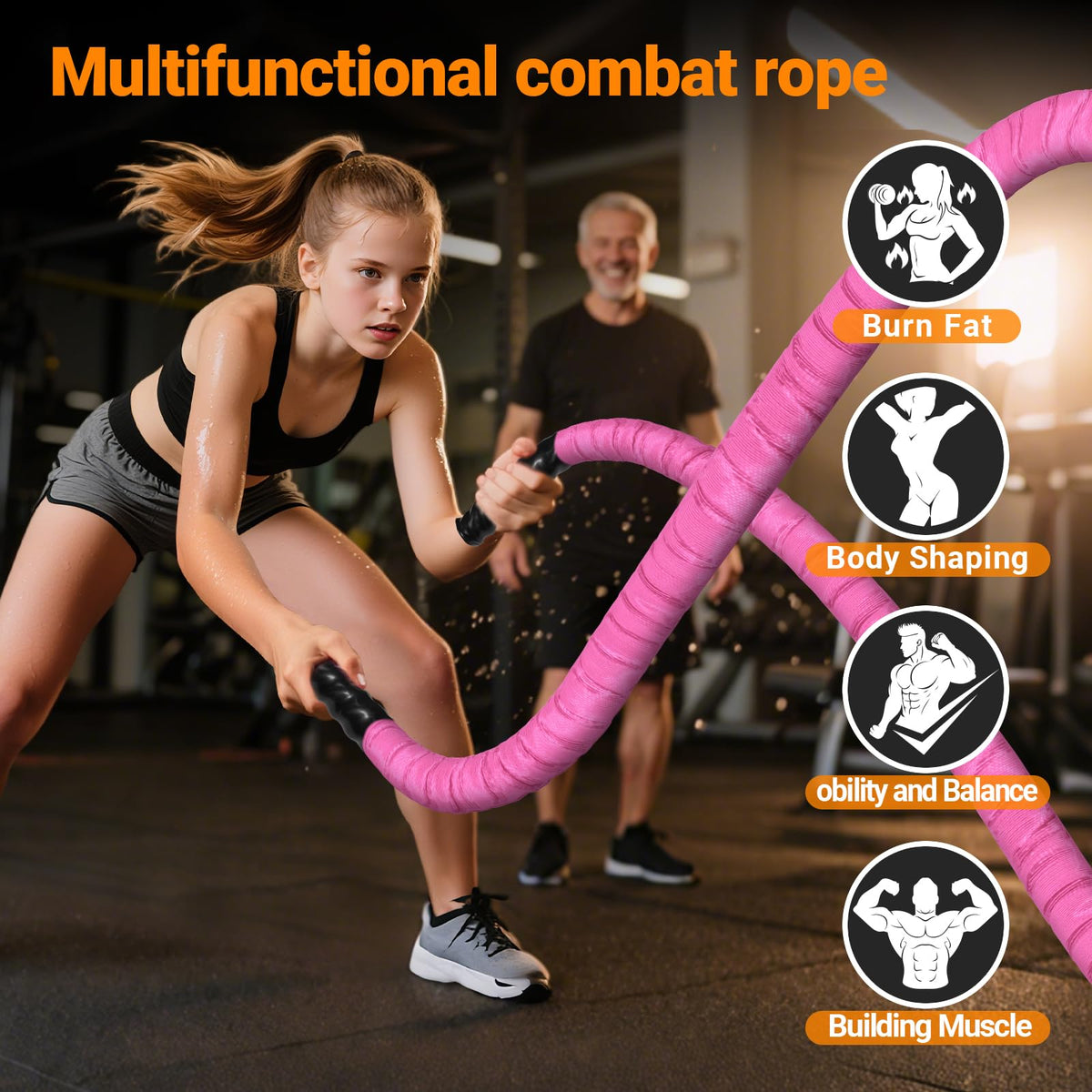 Battle Ropes for Home Gym 1 Inch Diameter 30FT Length Workout Rope Exercise Rope Training Ropes with Protective Sleeve for Kids Men Women Exercise Fitness & Strength Training-Pink