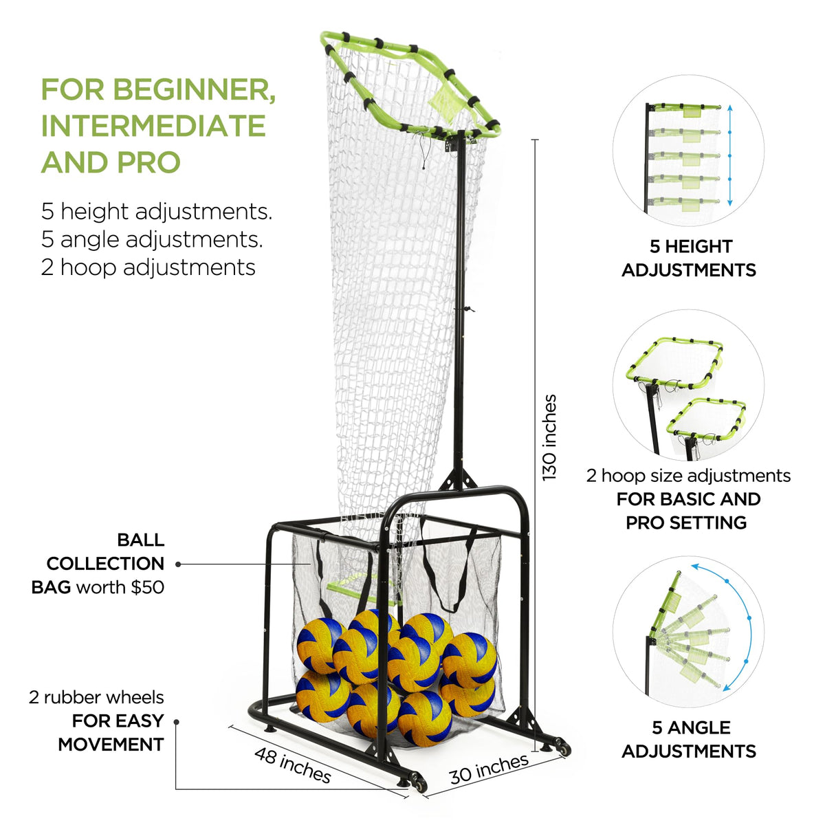 Volleyball Setter Training Equipment Volleyball Setting Trainer Setter Net with 2 Target Hoop Size 5 Angle and Height Adjustments Ball Collection Bag