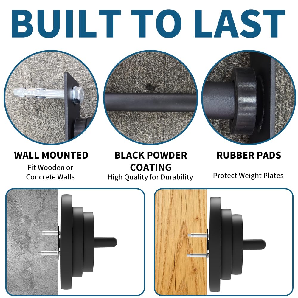 2 Pack Wall Mounted Weight Plate Holder-Fit 1 and 2 Inch Standard Weight Plates with Protective Rubber Pad and Hardware, 300 LB Weight Capacity