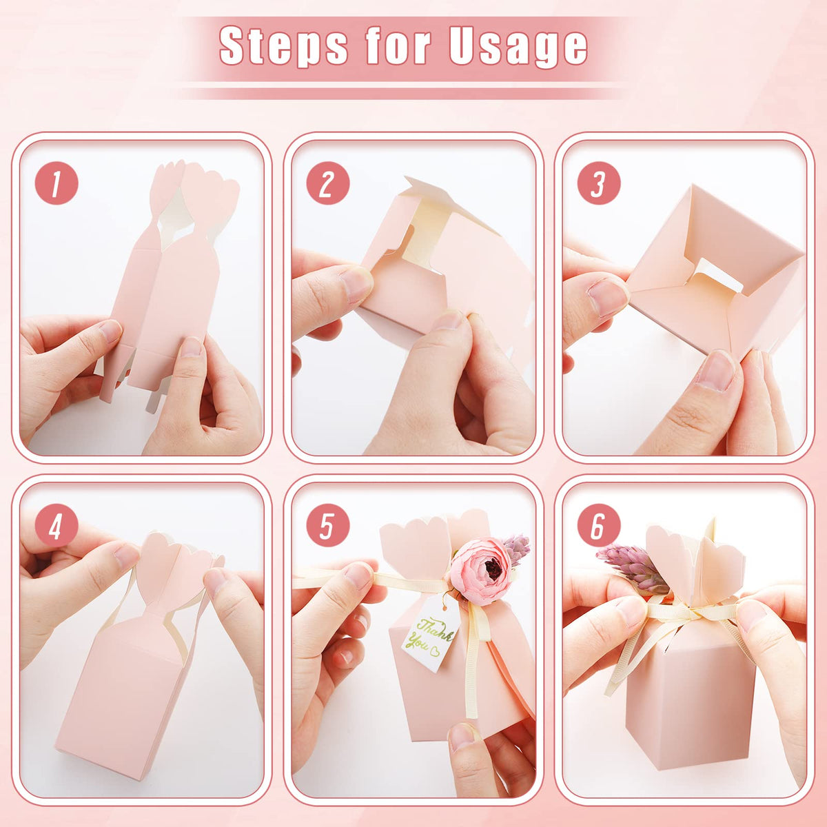TaoBary 50 Pcs Wedding Favor Boxes Pink Party Favor Box with Ribbon and Flower DIY Chocolate Candy Gift Treat Bags for Engagement Bridal Baby Shower Birthday Anniversary Party Decorations