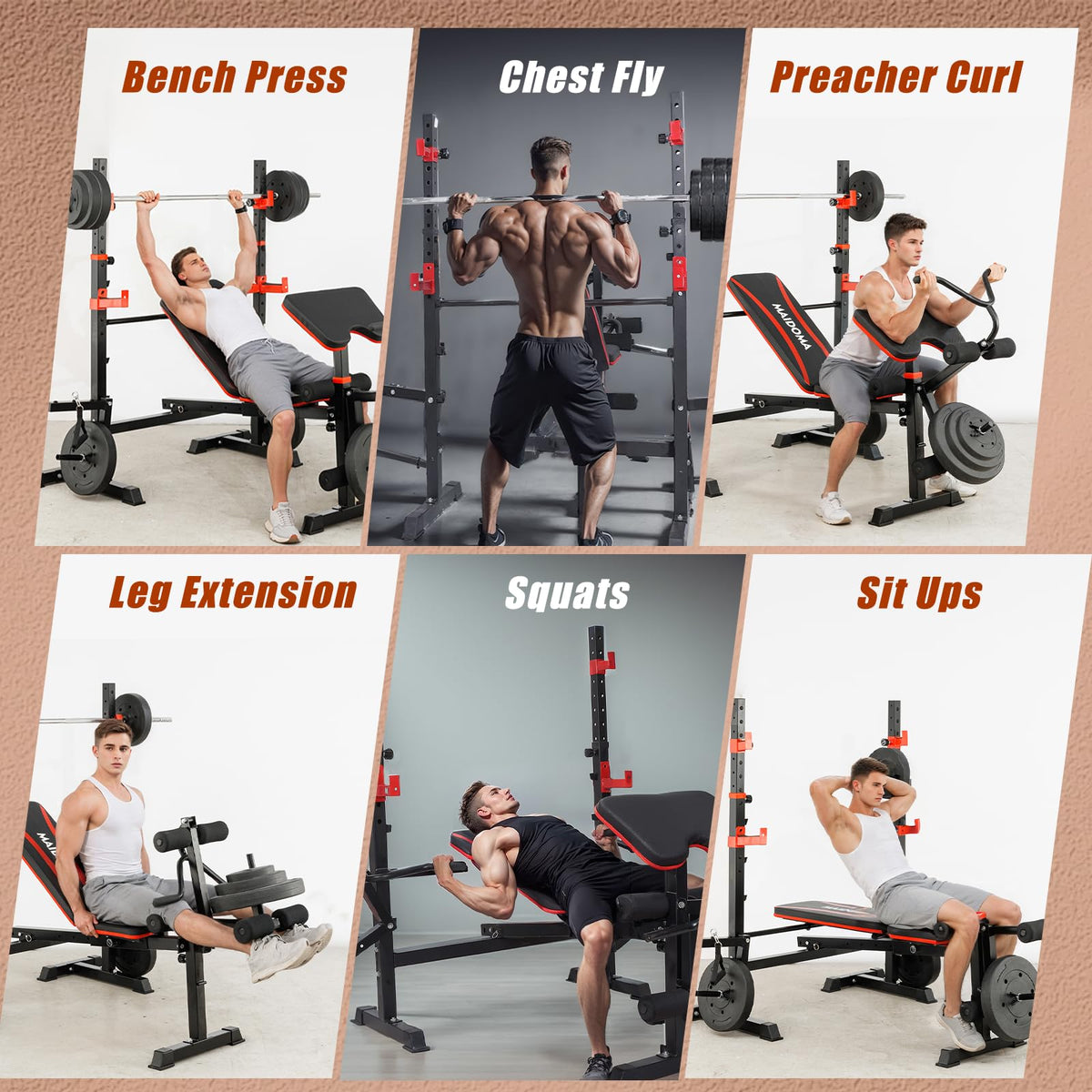 MAIDOMA Weight Bench Set with Leg Extension and Leg Curl, Adjustable Bench Press Set with Squat Rack, Foldable Flat Incline Decline Workout Bench for Home Gym Full Body(US Stock) (Red)