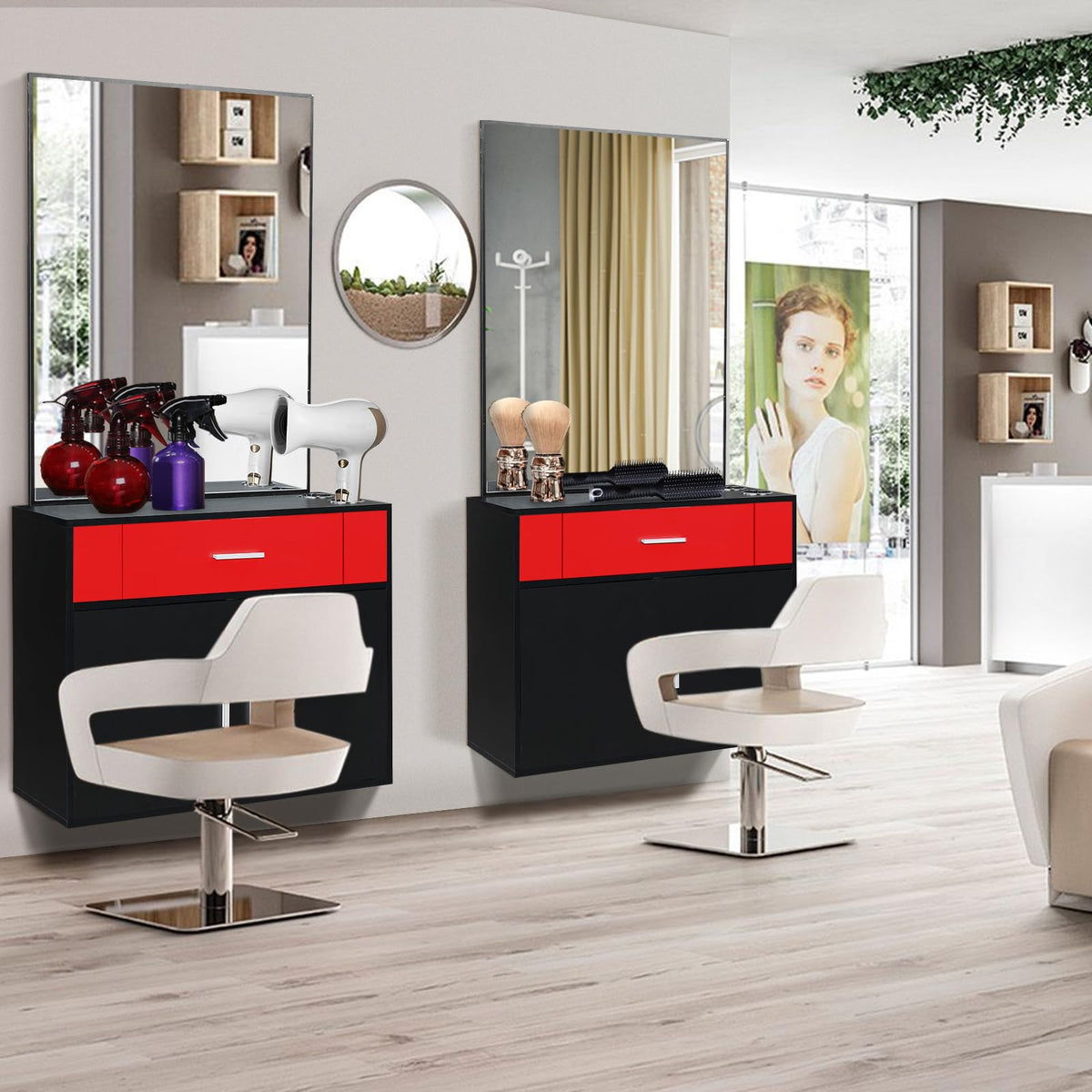 JHshop Barber Salon Station Organizer Cabinet Makeup Hair Styling Beauty Spa Equipment Set, Wall Mount Salon Station Barber Stations Styling Station with Mirror Barber Beauty Spa Salon Equipment