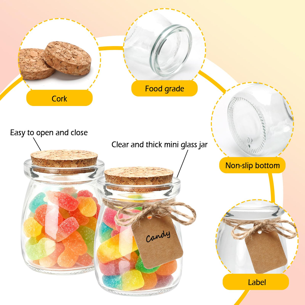 Brajttt 3.4 oz Small Glass Jar with Cork Lids,48 pcs Mini Glass Bottles,Spell Jars with Twine and Labels,Pudding Yogurt Jar for DIY Crafts,Wedding,Gifts,Party Favors,Baby Shower