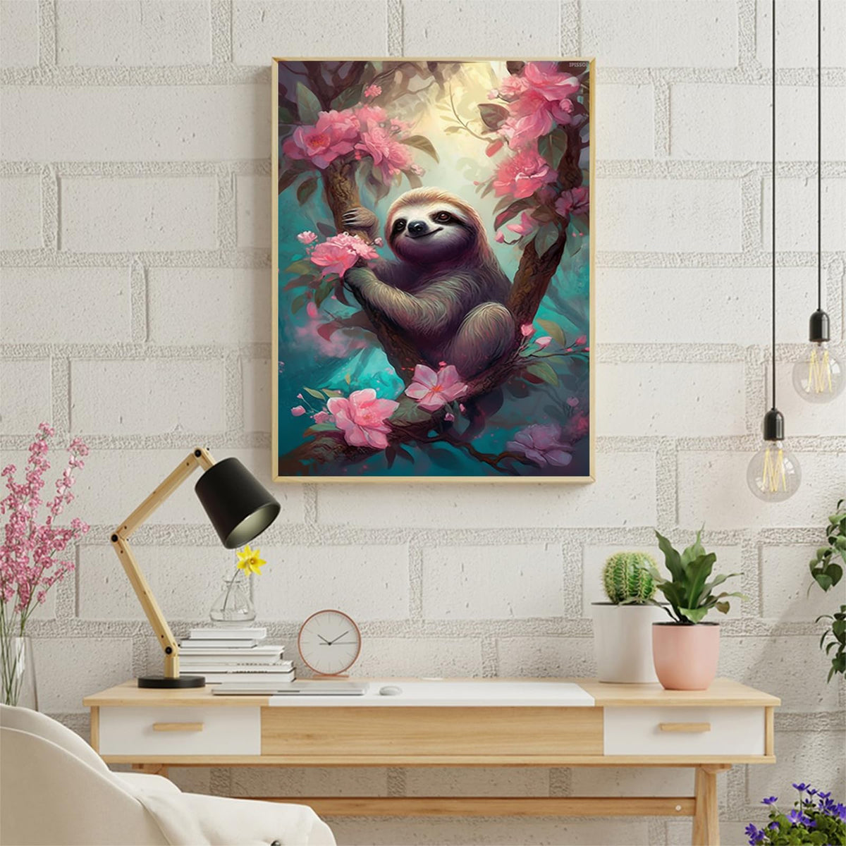 Christmas Sloth on Tree Pink Flowers Diamond Painting Kit Full Round Gemstone Crystal Diamond Art Kits Diamond Painting for Home Decor Wall Decor 12x16 inch for New Year, Valentine's Day Gifts