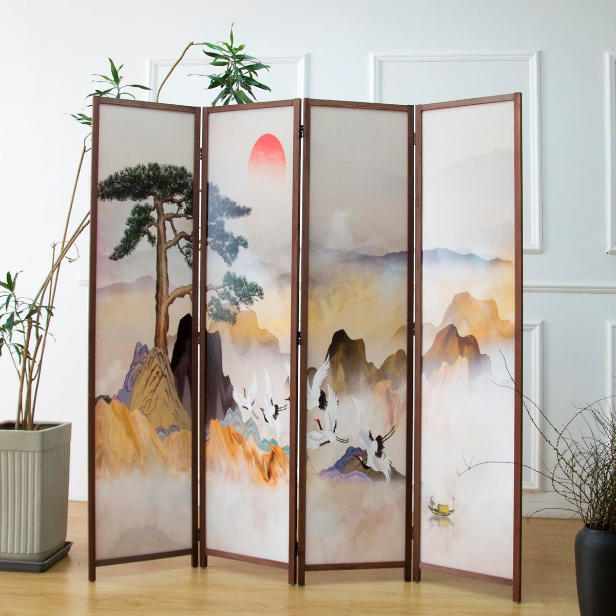 Furnnylane 4 Panel Room Divider, Double-Sided Folding Privacy Screen for Home Office – Freestanding Wall Partition with New Chic Colorful Landscape 67" H x 63" W - 5.6 ft Tall