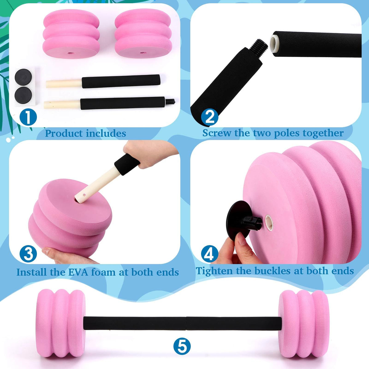 Soulchen Long Aquatic Exercise Dumbbells Foam Water Weights Dumbbell Aquatic Pool Barbells with High Density EVA Foam for Swim Water Aerobics Workouts Loss(Pink,25.2 Inch)