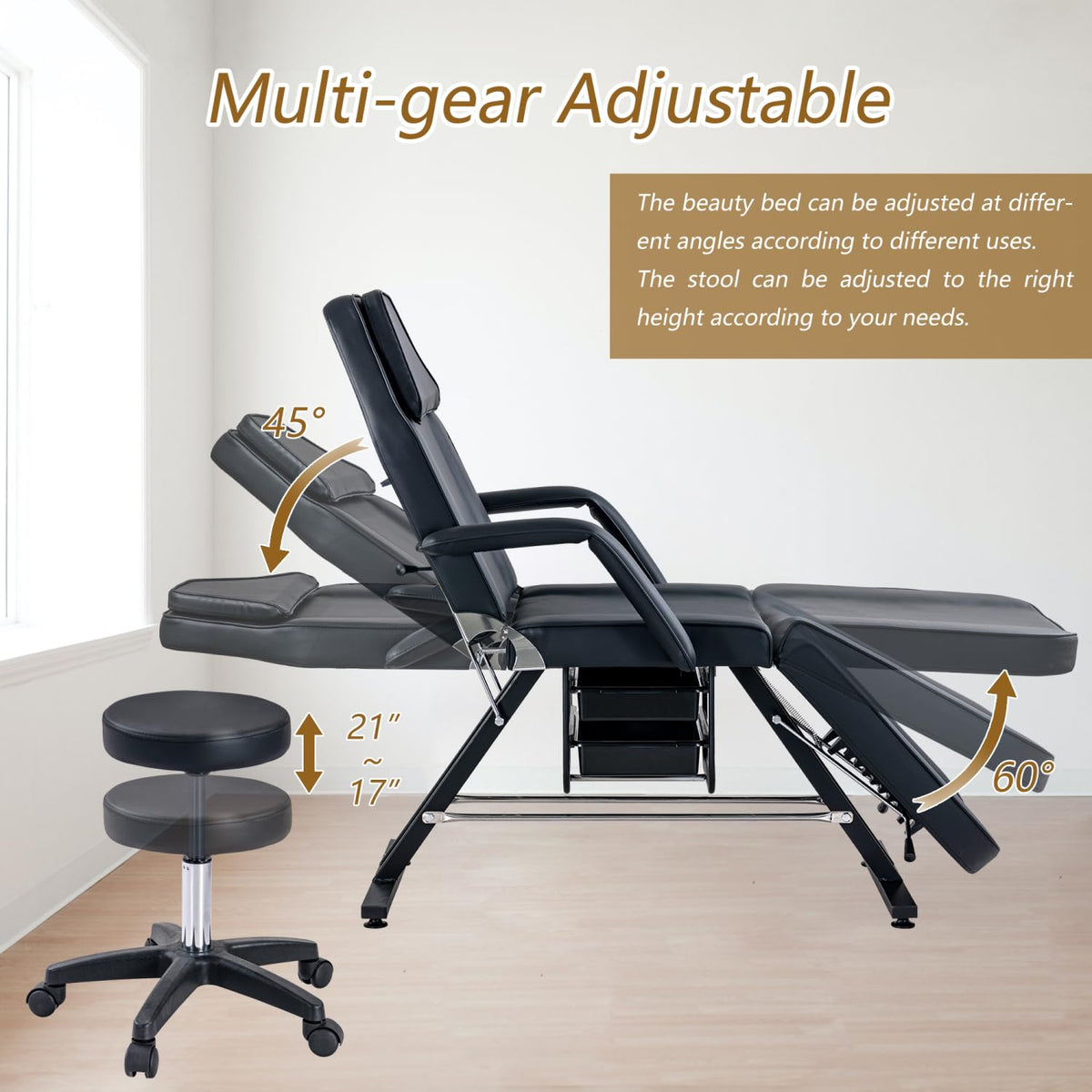 Massage Salon Tattoo Chair with Two Trays Esthetician Bed with Hydraulic Stool,Multi-Purpose 3-Section Facial Bed Table, Adjustable Beauty Barber Spa Beauty Equipment, Black