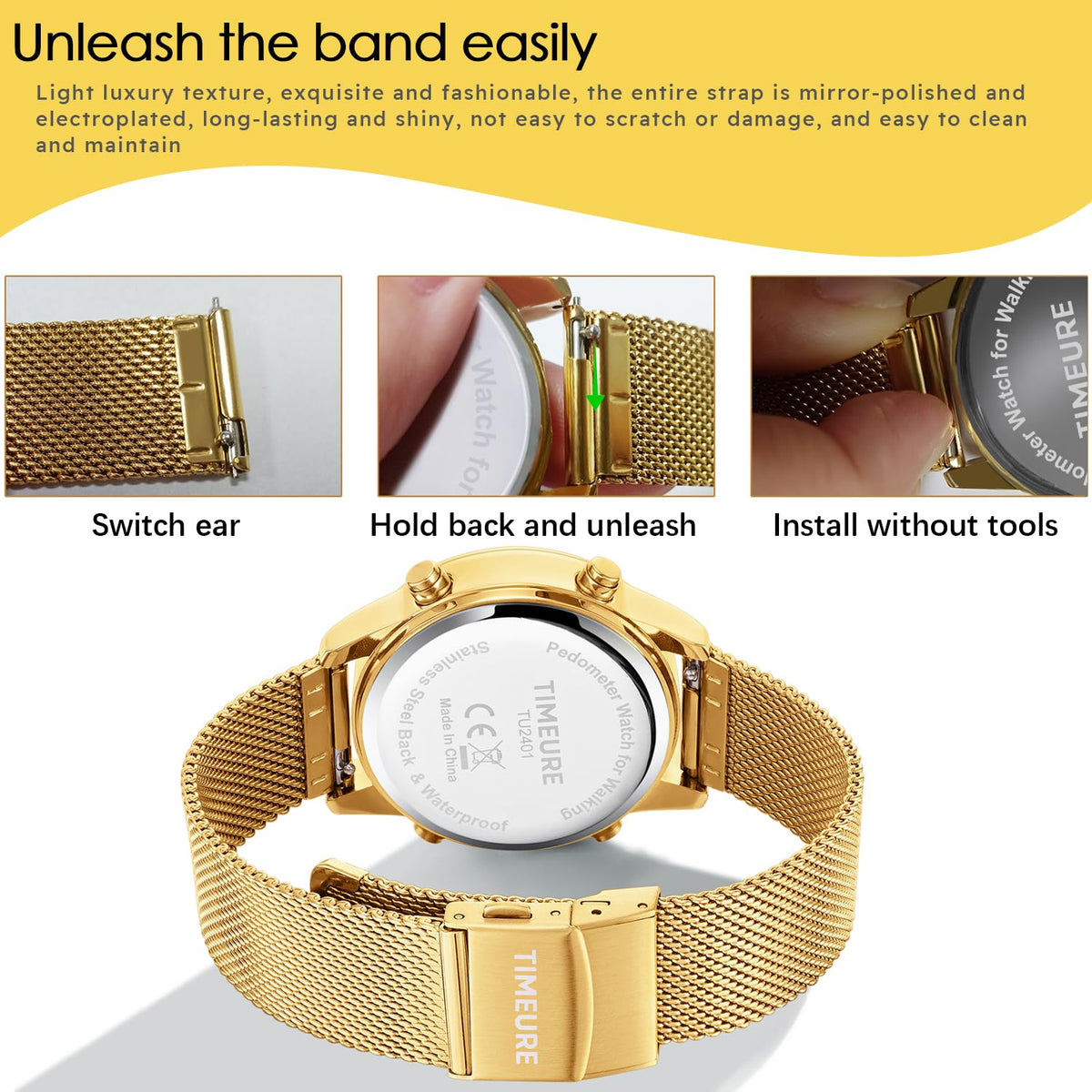 TIMEURE Women's Step Counter Watch with Stainless Steel Bracelet, Stylish Design, No App, No Charging Needed for Step, Calorie, Distance, Alarm, Countdown Timer，TU-2401(Gold)