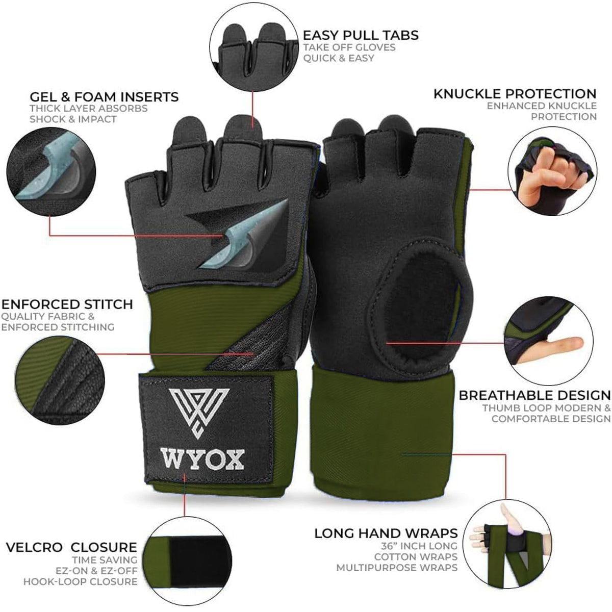 WYOX Gel Boxing Hand Wraps Inner Gloves for Men & Women, 80cm Quick Wrist Straps, Padded Knuckle Protection for Muay Thai Kickboxing, Hand Wraps for Boxing & Martial Arts (Army Green, L/XL)