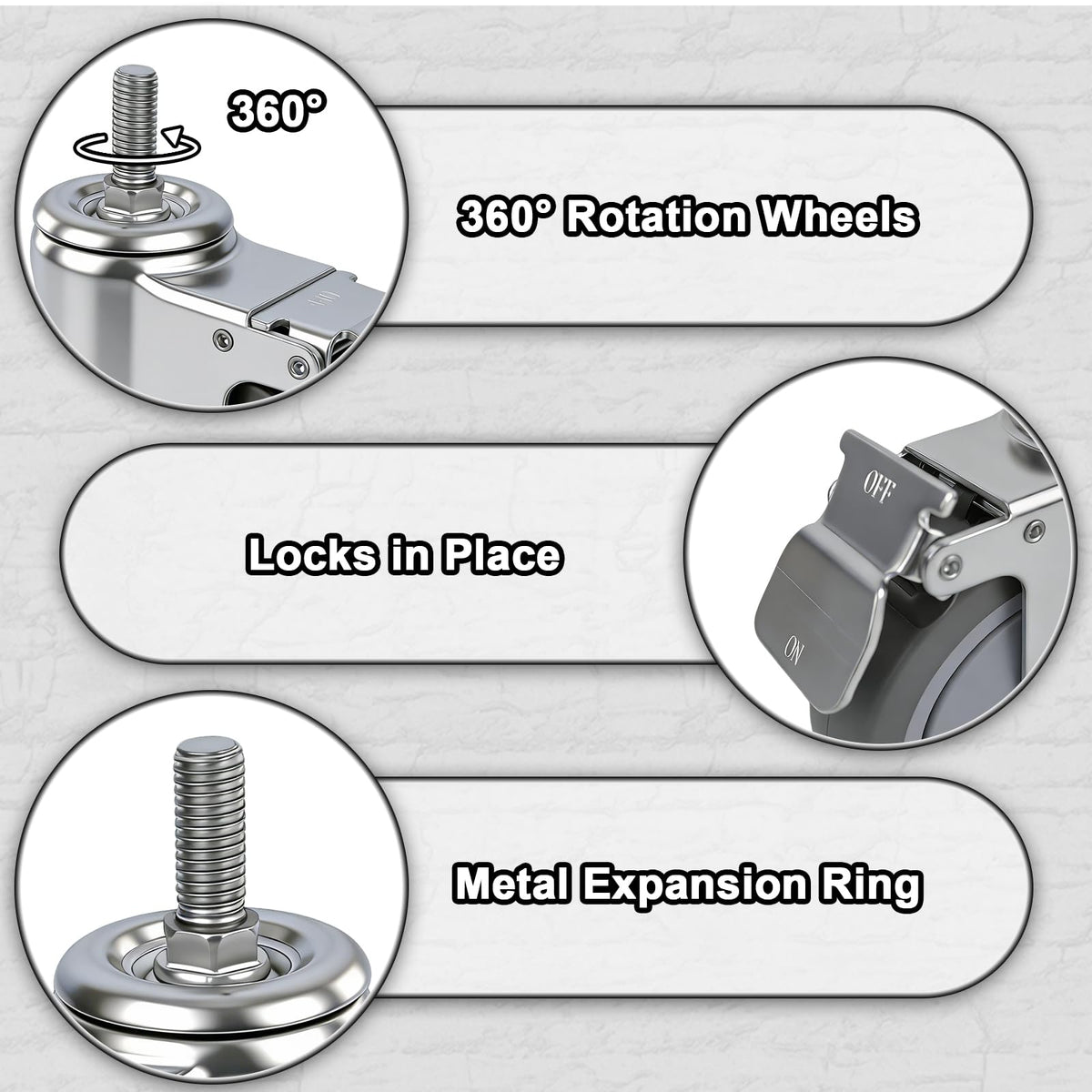 AAGUT 5 Inch Locking Swivel Casters 1/2"-13 x 1.5 Threaded Stem Wheels with Brake Grey TPR Rubber Wheel Set of 4