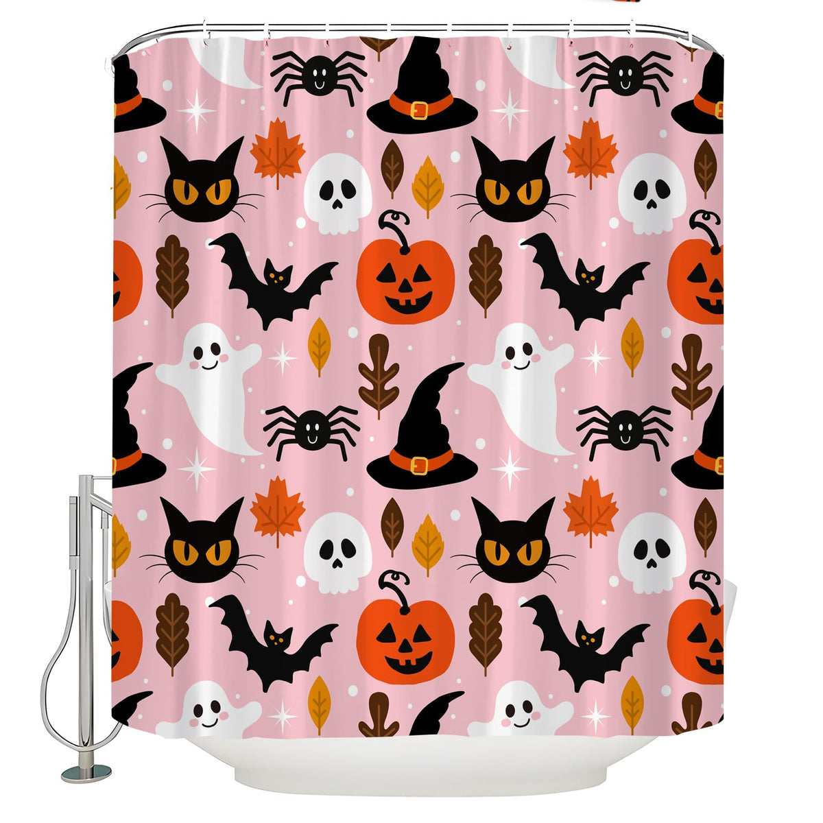 JOFKAXU Pink Halloween Shower Curtain Cute Ghost Pumpkin Spooky Black Cat Scary Skull Horror Bat Magic Witch Hat Gothic Spider Web Bath Curtain with Hooks