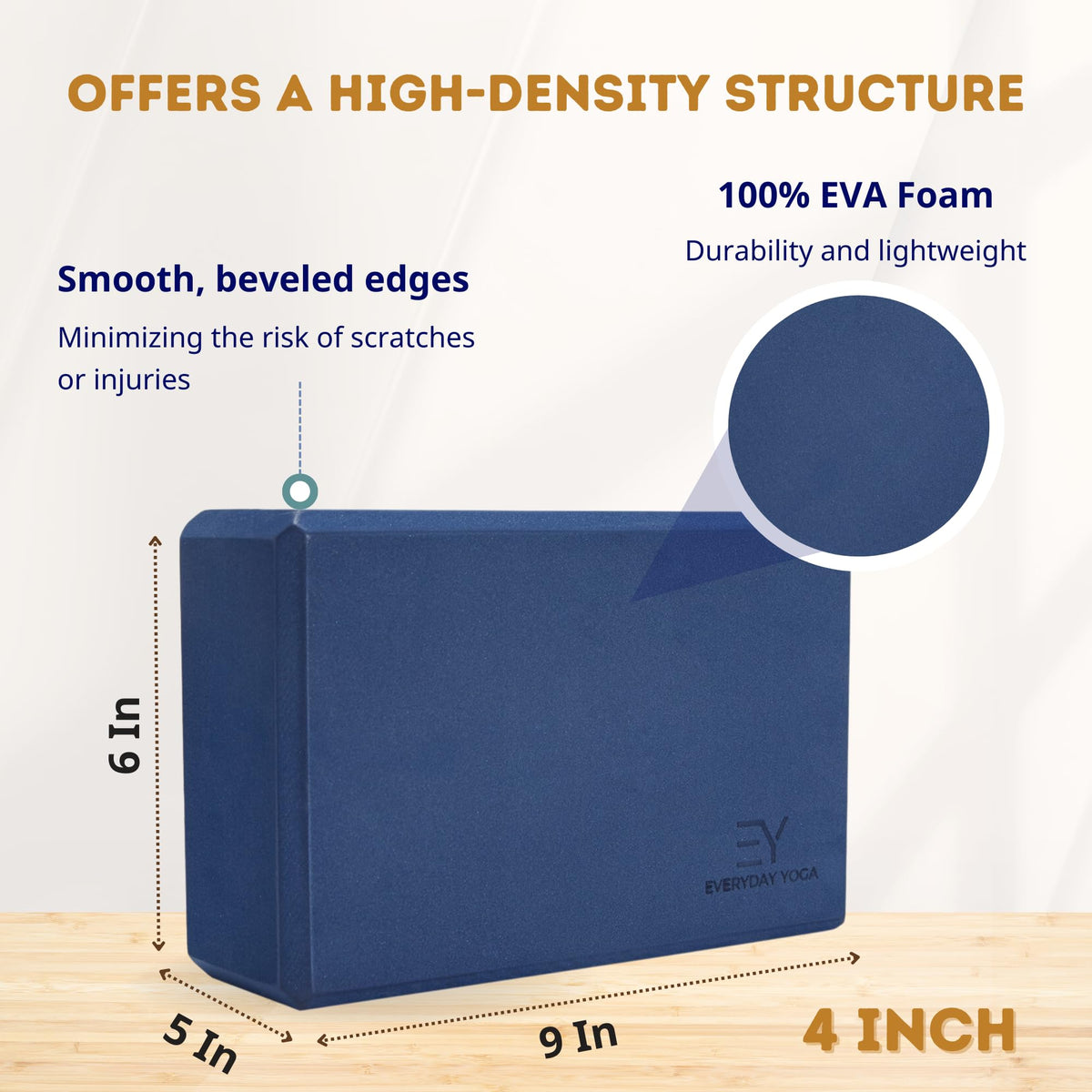 Everyday Yoga Foam Yoga Block 4 Inch - High-Density EVA Support Block for Stability, Balance & Flexibility, Lightweight, Durable & Comfortable - True Navy