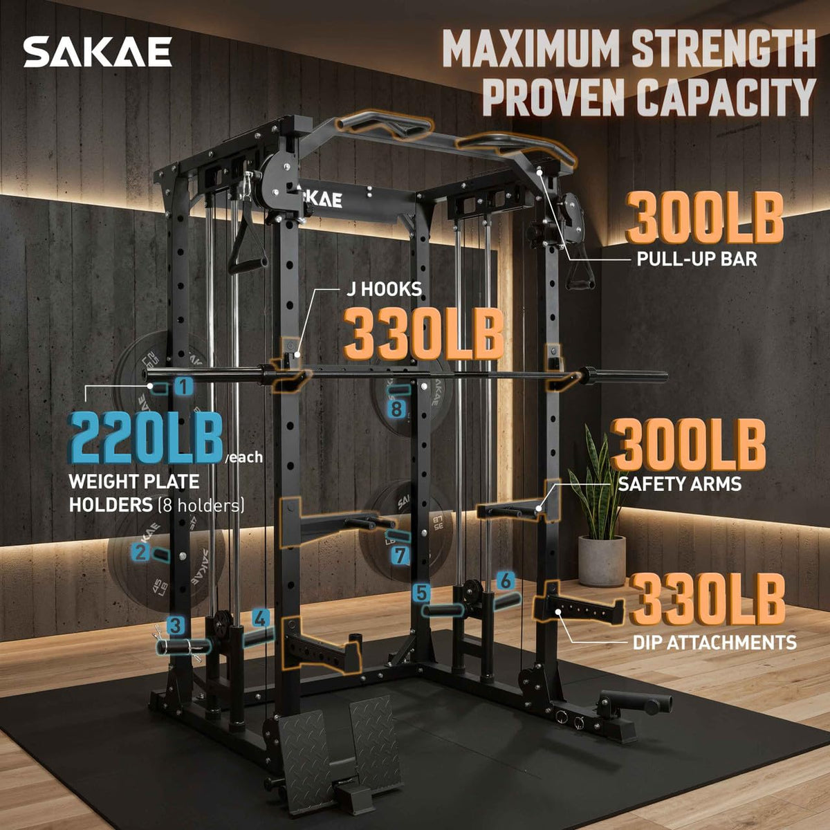 SAKAE Multi-Function Squat Rack with Cable Crossover System, Power Rack with LAT Pull Down, Pull-Up Bar, Dip Bars, Weight Bench, 260 LB Bumper Plates, 7 FT Olympic Bar & Training Attachments