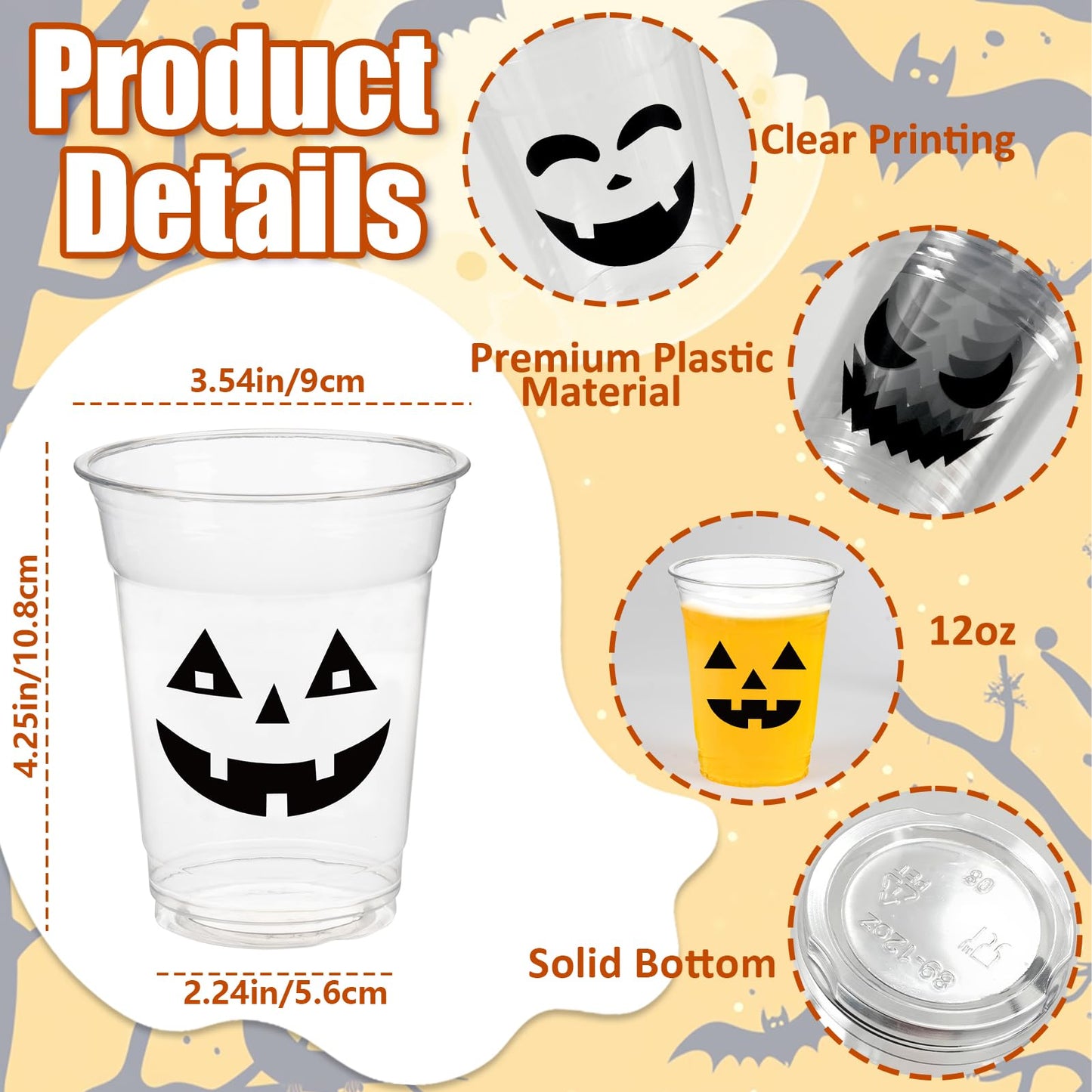 CUPLOOV 50 Pack Halloween Plastic Cups Clear 12Oz Disposable Pumpkin Cups With 5 Styles Patterns for Kids Adults Party Favors, Coffee, Wine, Hot and Cold Drinks