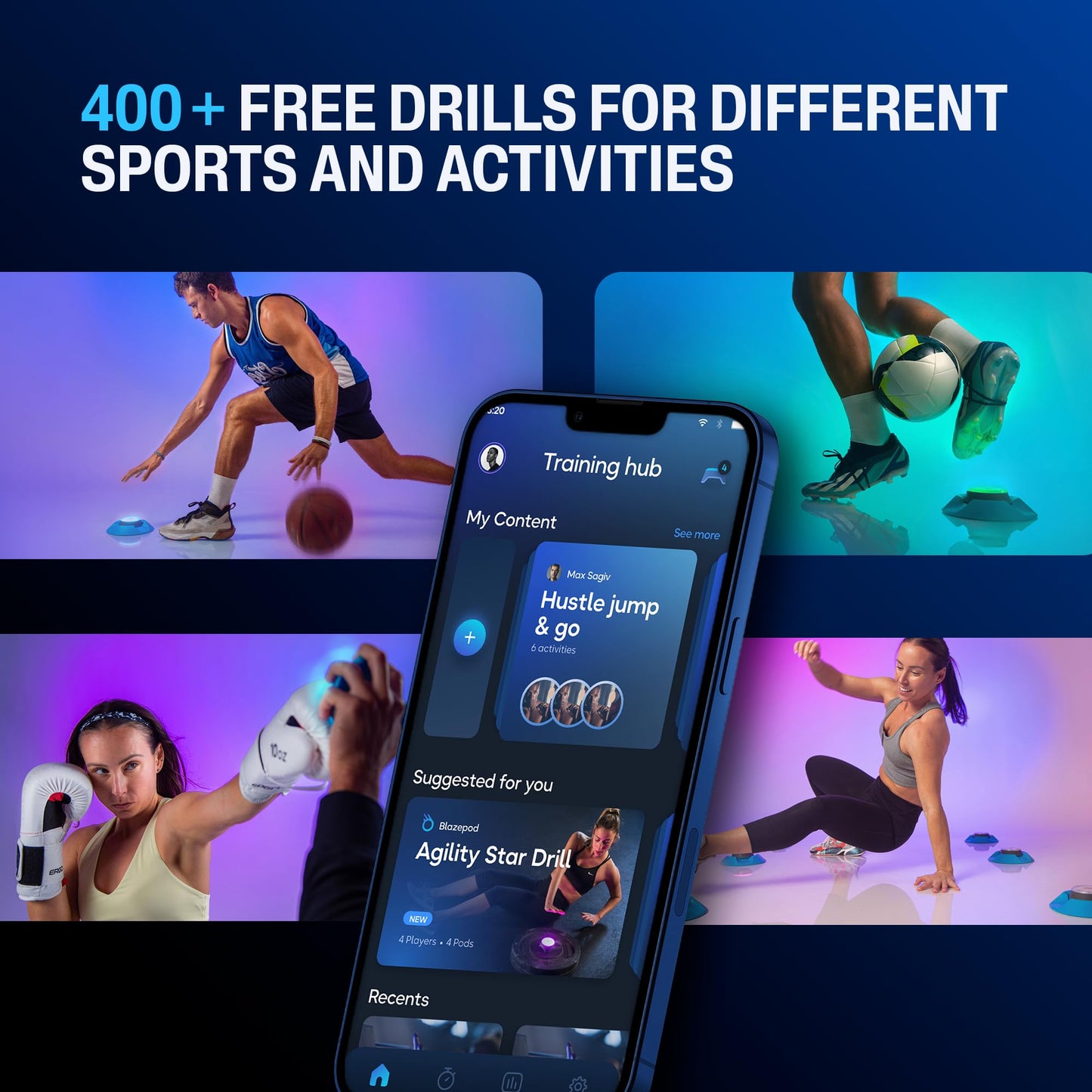 BlazePod Reaction Training Kit Smart Pods for Speed, Agility & Cognitive Drills - Pro-Level Training for Athletes, Trainers, Therapists & Coaches - App Access Included (4 Pods)