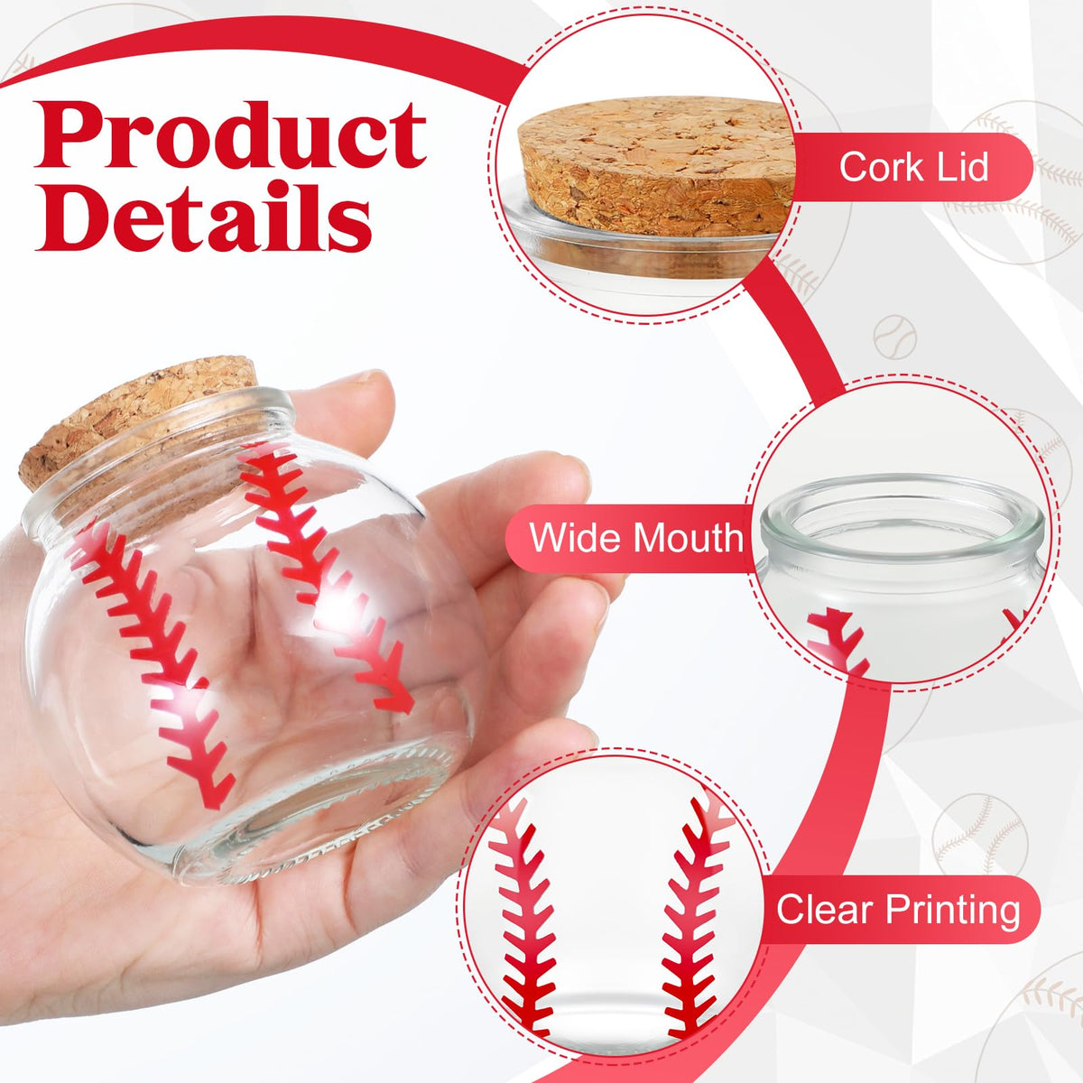 Funnymoom 12 Pcs Baseball Printed Round Jar 3.4 oz Mini Round Shaped Glass Jar with Cork Lid 2.56 x 2.56 Inch Decorative Glass Bottle for Baseball Team Coach Player Sport Party Favors Gift Decoration