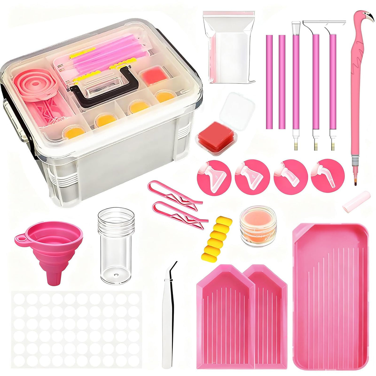 CXJINZE Diamond Painting Tools Accessories Storage-Kit - 111Pcs 5D Set Portable Tool Box with Handle Craft Jewelry Bead Storage Pink Box Art Trays for Diamond Painting Accessories and Tools
