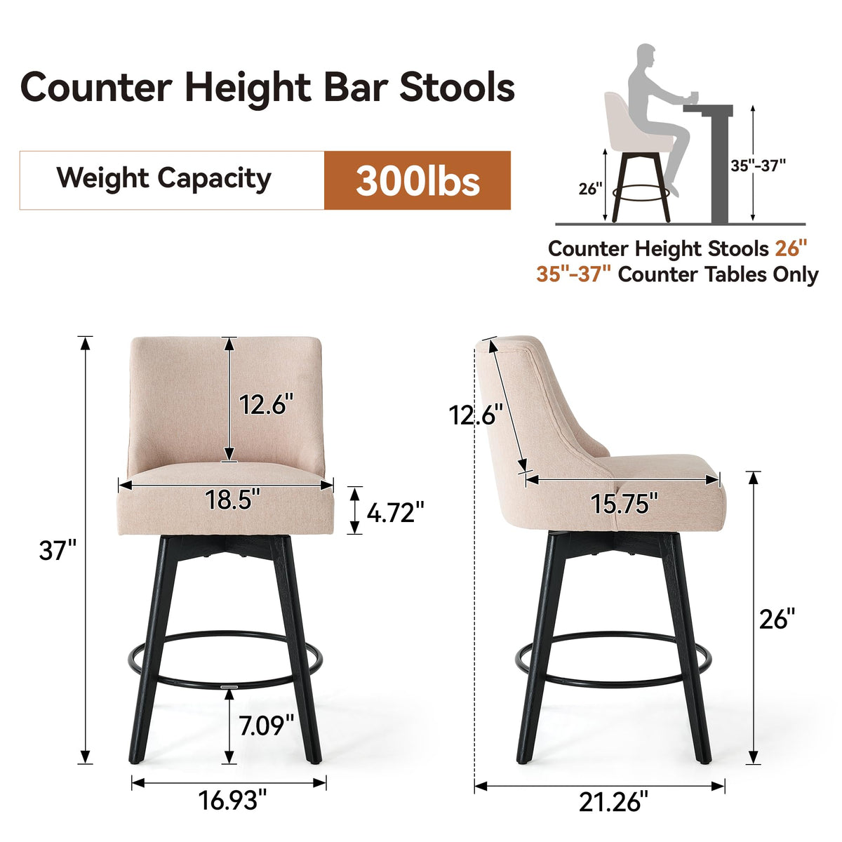 Vipbear Counter Height Bar Stools Set of 3, 26" H Swivel Bar Stools with Backs, Linen Fabric Upholstered Bar Chairs with Solid Wood Legs for Kitchen Island, Dining Room, Home Bar, Beige
