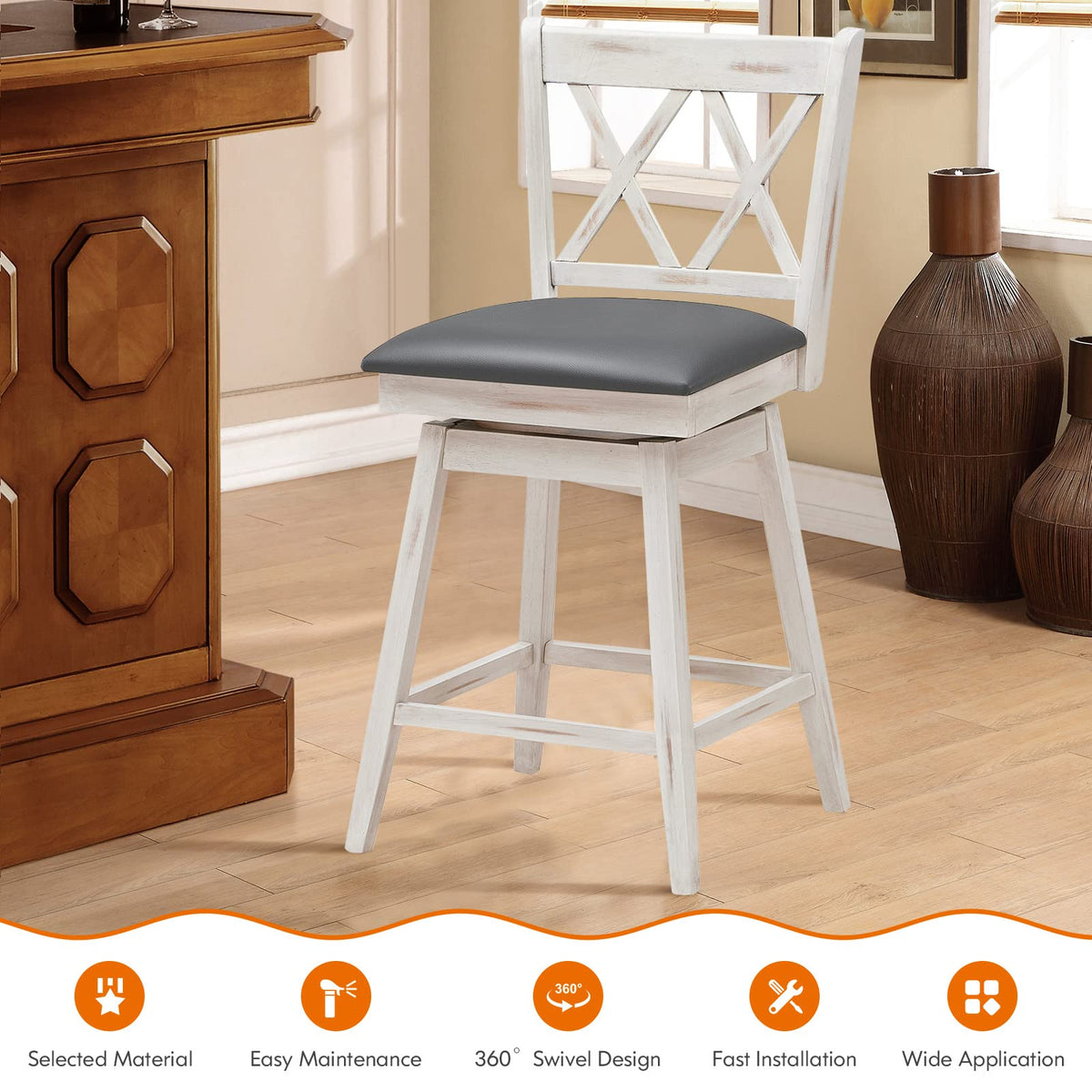 COSTWAY Bar Stool Set of 4, 360 ° Swivel Counter Height 25inch Bar Stool with Foot Rest Upholstered Cushion & Ergonomic Backrest, Sturdy Frame, for Pub, Kitchen Islands (4, Antique White + Grey)