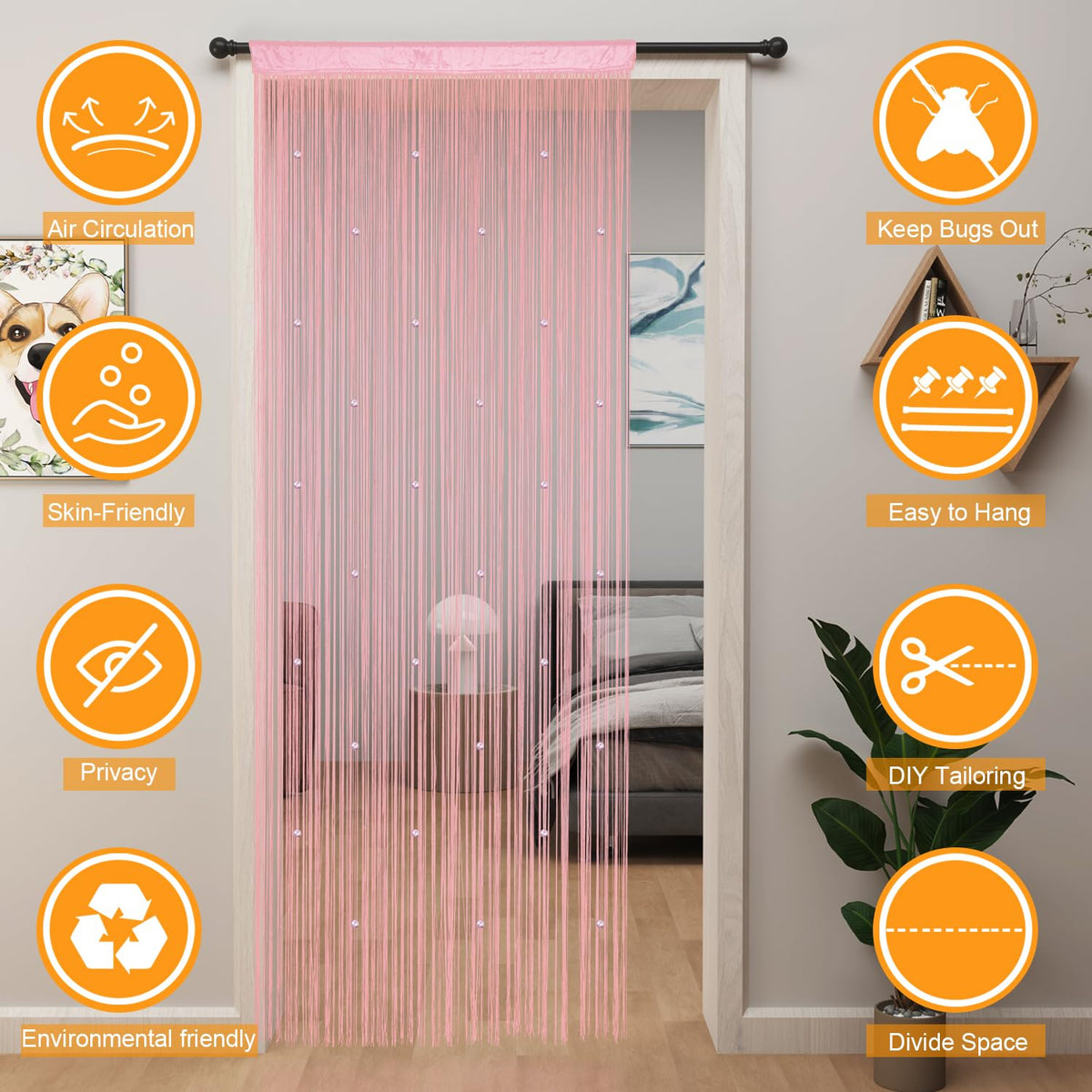 YIIBAII Beaded Curtain Beaded Curtains for Doorways Crystals Suitable for Interior Decoration and Partitions Hippy Closet Curtains (Pink, 39"x79")