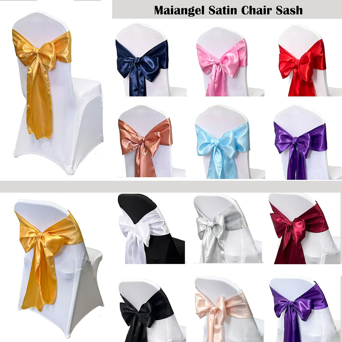 Maiangel Satin Chair Sashes Bows-12PCS Chair Ribbon Ties Back Sash for Wedding Party Events Banquet Chair Cover Decoration (Black)