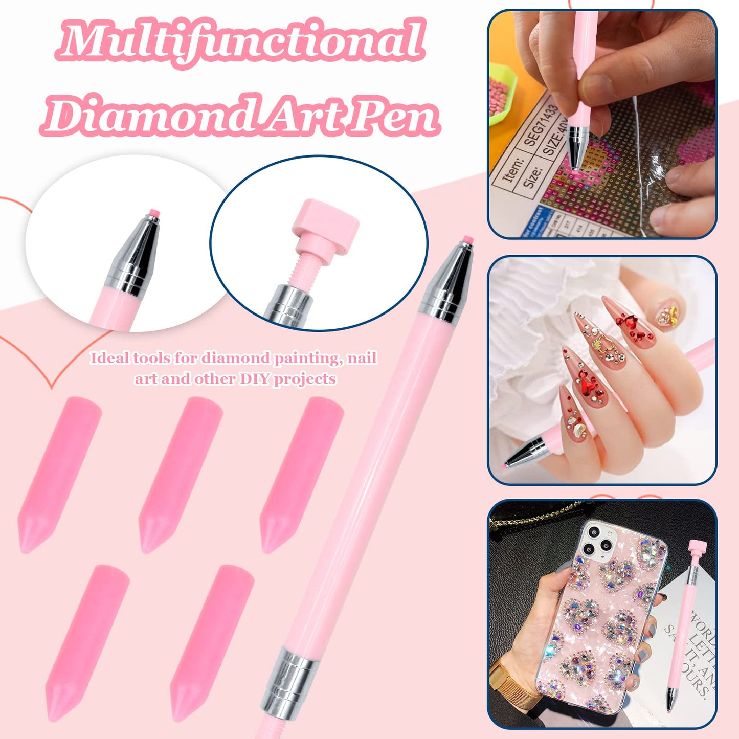 ZYNERY 21 Pcs Diamond Painting Pens Kit, 1 Pcs Refillable Wax Pen with 20 Pcs Wax, Rotating Glue Point Drill Pen for Nail Art, Diamond Art Accessories and Tools, Quickly Pick Up Beads Gems (Pink)