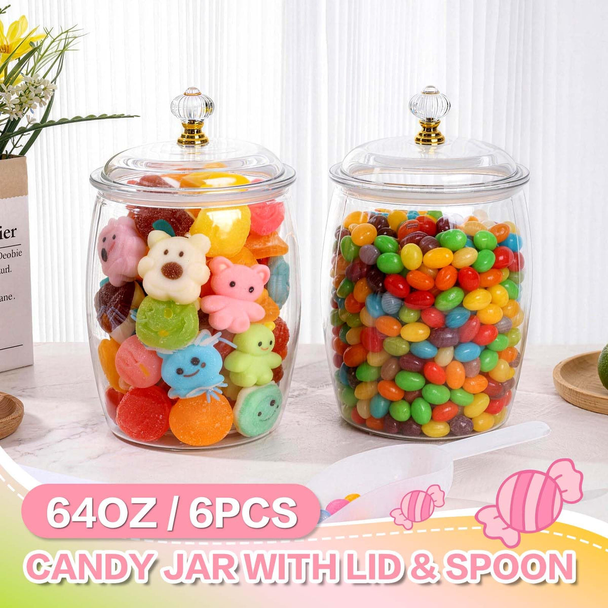 mwellewm 6pc Candy Jar with Lids and Spoons Clear Plastic Cookie Container Airtight Apothecary Storage Organization for Buffet Wedding Home Bar Decoration Festive Display and Everyday Use(64oz)