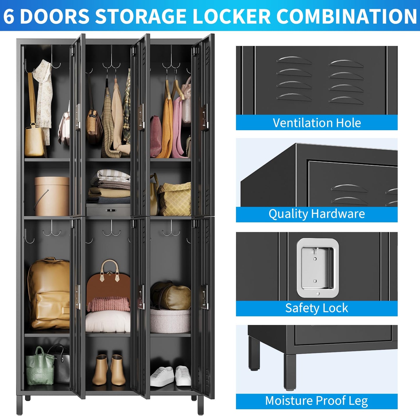 MERXENG Metal Storage Locker with 6 Doors, Metal Locker for Employees with 18 Hooks for Garage School Office Gym Home, Assembly Required, Black