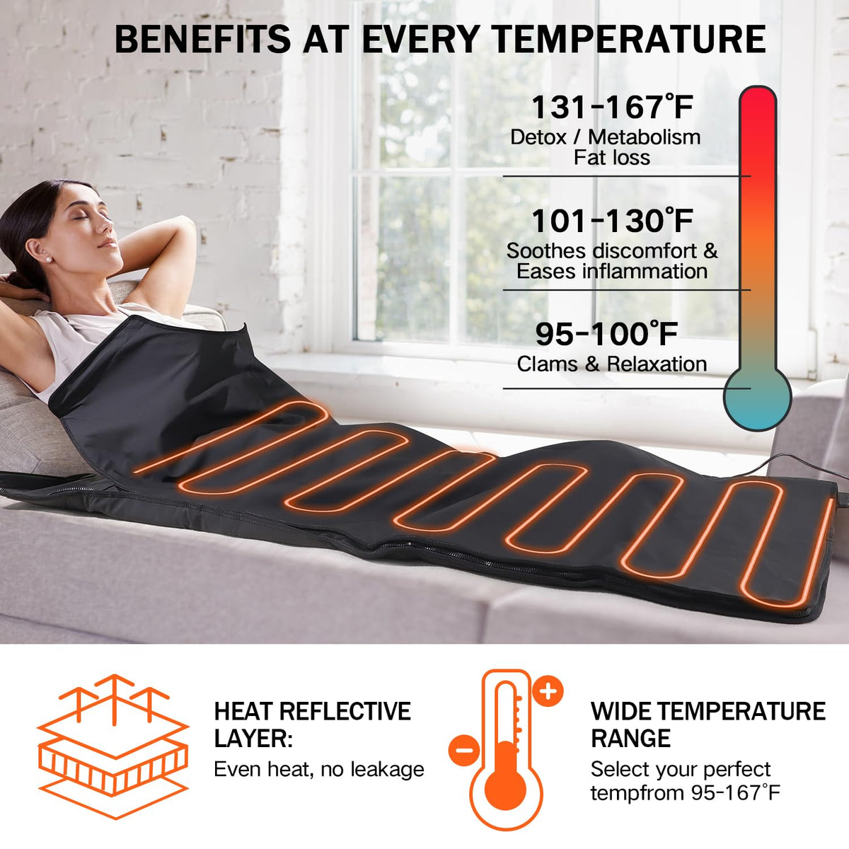 RRGFB Infrared Sauna Blanket, Durable PU Leather Cover Detox & Relaxation at Home Adjustable Timer, Size 6 ft x 2.6 ft(Black)