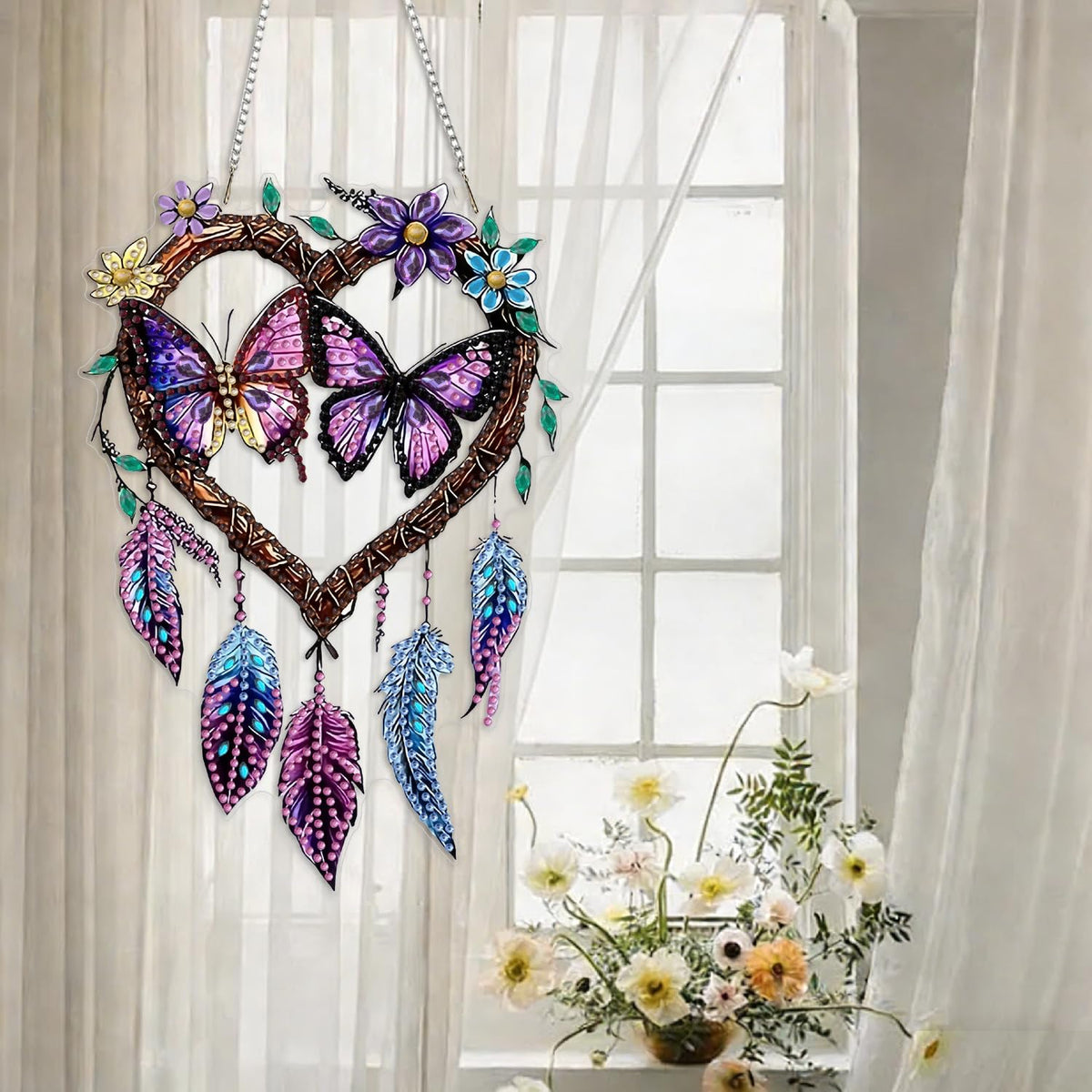 DIY Hanging Diamond Art Kits for Adults, butterfly Dream Catcher Diamond Painting Kits, Special Shaped Rhinestone, Acrylic 5D Gem Art Craft Window Pendants Home Garden Wall Hanging Ornament Kits