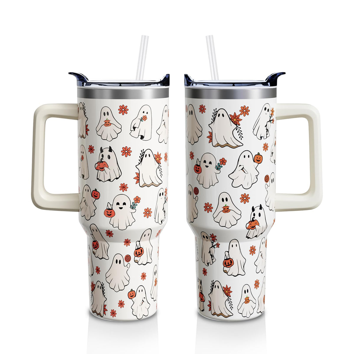 Sabobo Halloween Spooky Cup Gifts for Women Men, Cute Ghost 40oz Tumbler with Handle and Straw, Holiday Stainless Steel Insulated Water Bottle (1 PC)