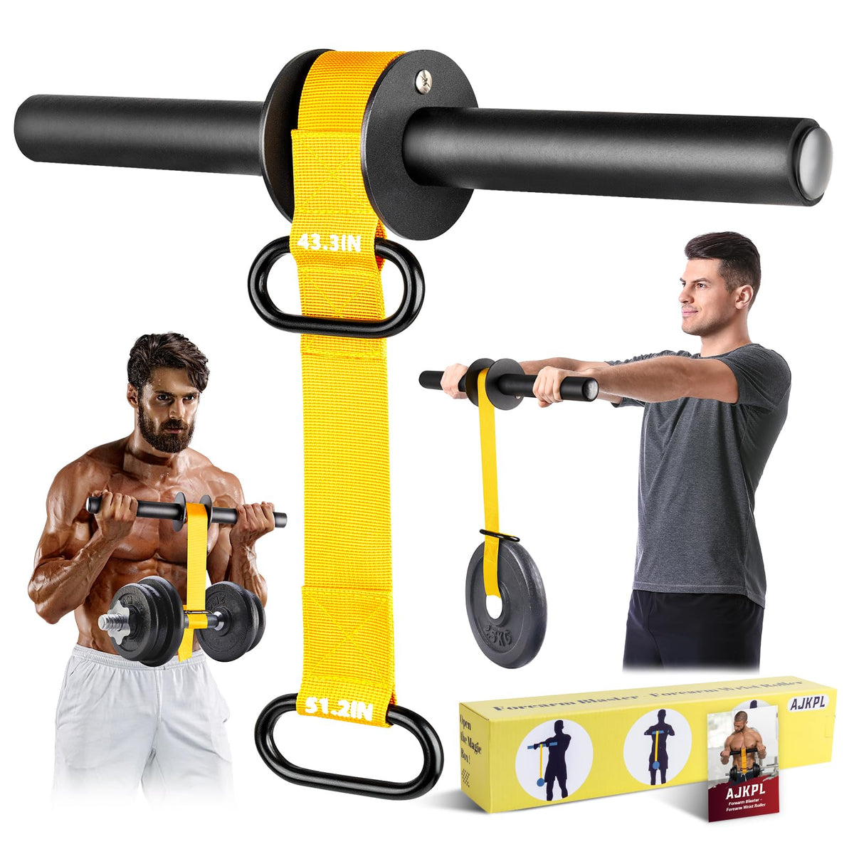 Forearm Strengthener and Wrist Roller, 43.3 in Or 51.2 in Ultra-Strong Nylon Webbing Wrist & Forearm Blaster with Quick Locking Mechanism, Durable Anti-Slip Grip Handles for Forearm Strength Training