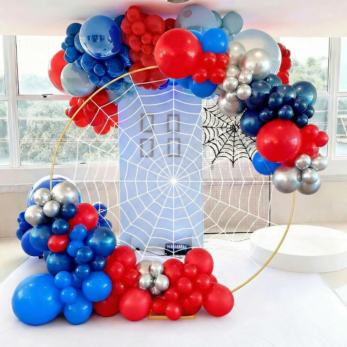 Kathfly Spider Theme Party Decorations, 7.2ft Metal Round Arch 8.2 ft Large Fake Spider Web Indoor Outdoor Cobweb for DIY Balloon Arch Kit Backdrop Haunted House Birthday Party Photo Prop Supplies