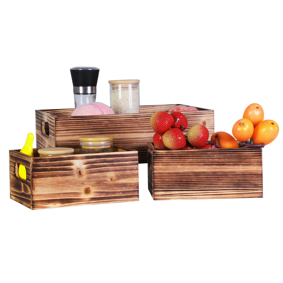 PHOENANCEE Wooden Crate Stackable Decorative Wood Crates set of 3 for Storage Display Rustic Nesting Box Basket Home Decoration Boxes Container Bin with Handles Farmhouse Decor,Solid Pine,L+M+S