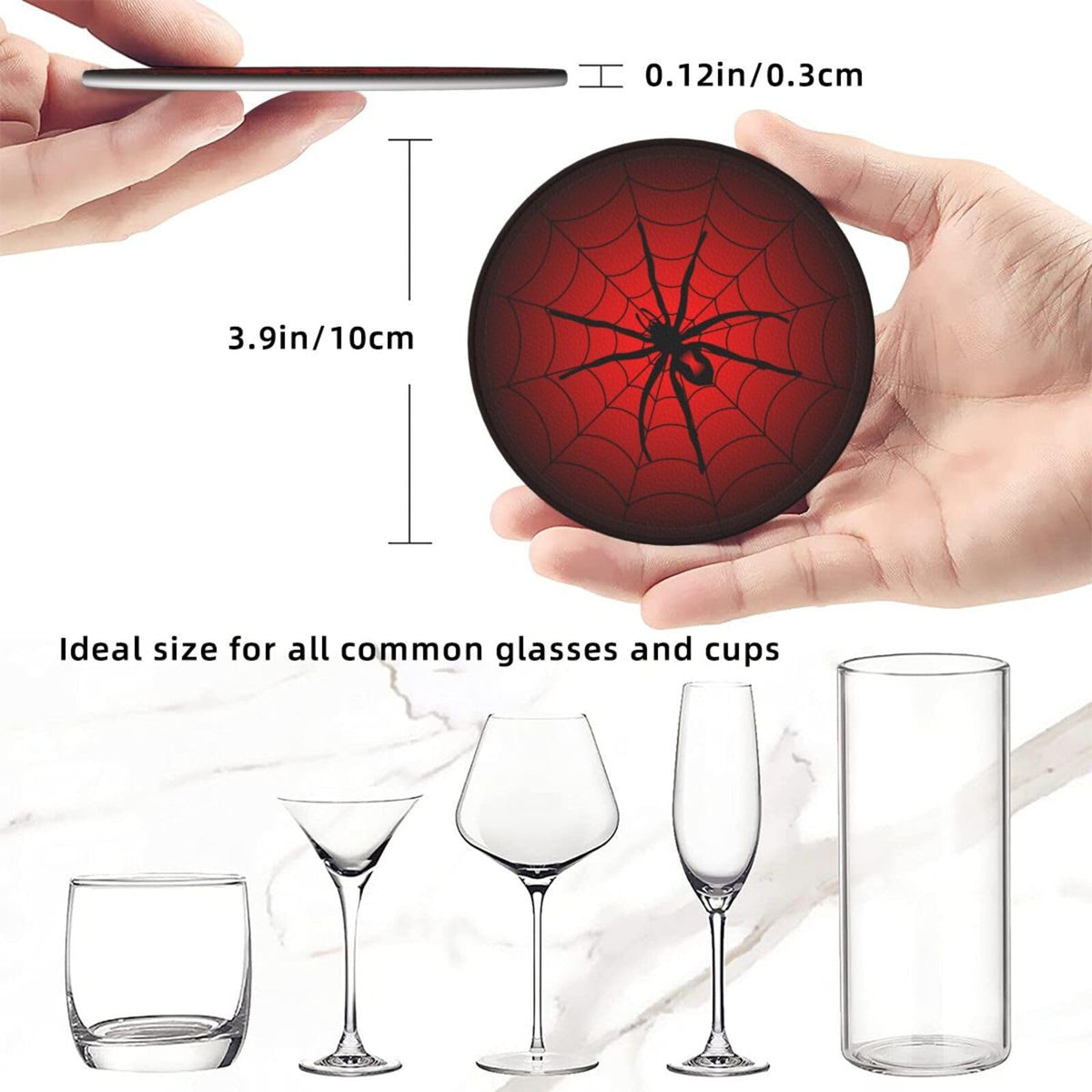 Spider Coasters for Drinks with Holder Leather Coasters Set of 6 Cute Halloween Drink Coasters Sets for Living Room Kitchen Coffee Bar Table