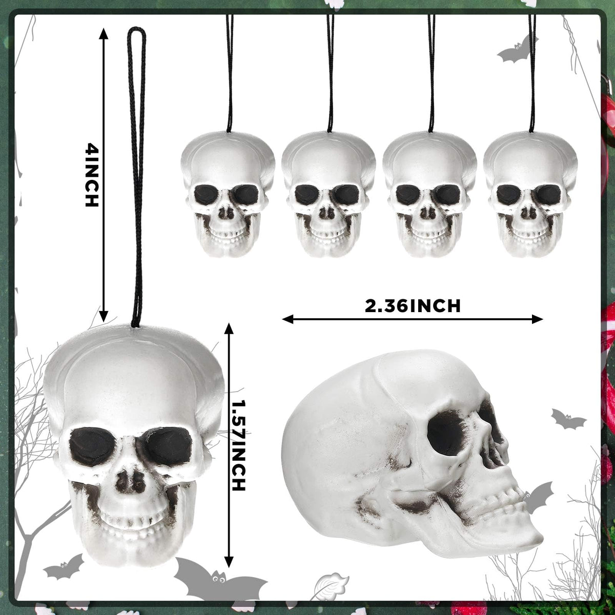 Skull Christmas Ornaments Gothic Tree Topper Spooky Christmas Decorations 1 Pcs Large Skull Tree Topper Bow and 24 Pcs Small Plastic Skeleton Head Hanging Ornament for Xmas Front Door Outdoor