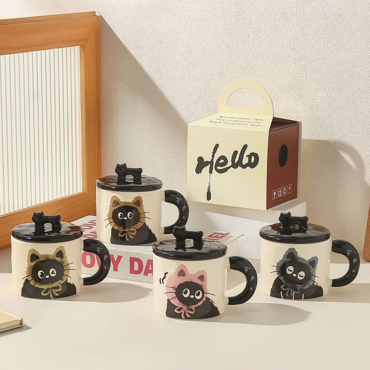 BONTOUJOUR Super Cute Black Cat Coffee Mug, Creative Funny Novelty Lovely Kawai Wearing Scarf Happy Tea Cup+ Kitty lid, Lover Couple Best Friend Friendship Valentine Water Cup, Cat Lover Gift -Blue