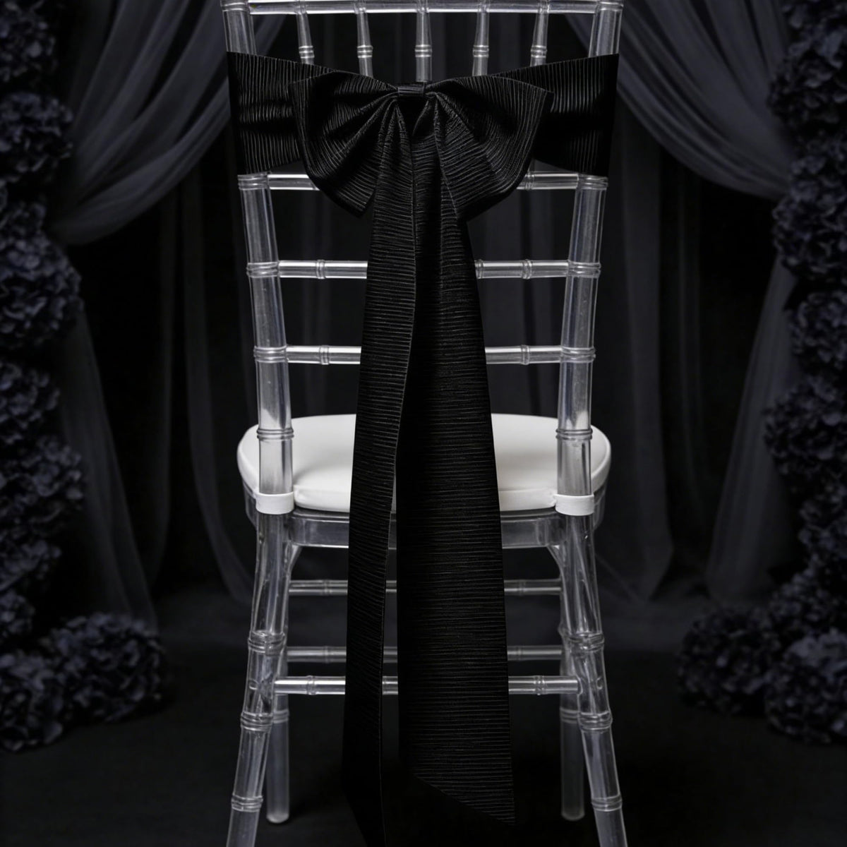 Meseey Black Silk Satin Pew Bows Set of 6 Handcrafted Frayed Edge Long Tail Decor Bows No Chair Sash 11x25 Inch